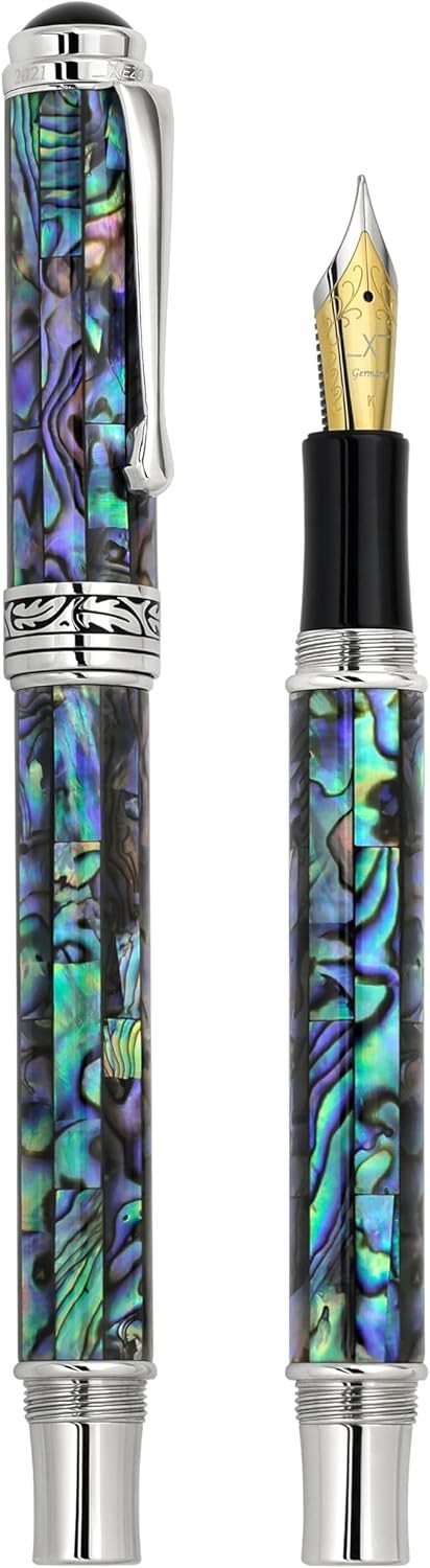 Luxury Natural Abalone Sea Shell Fountain Pen Medium Nib Platinum Blue Ink