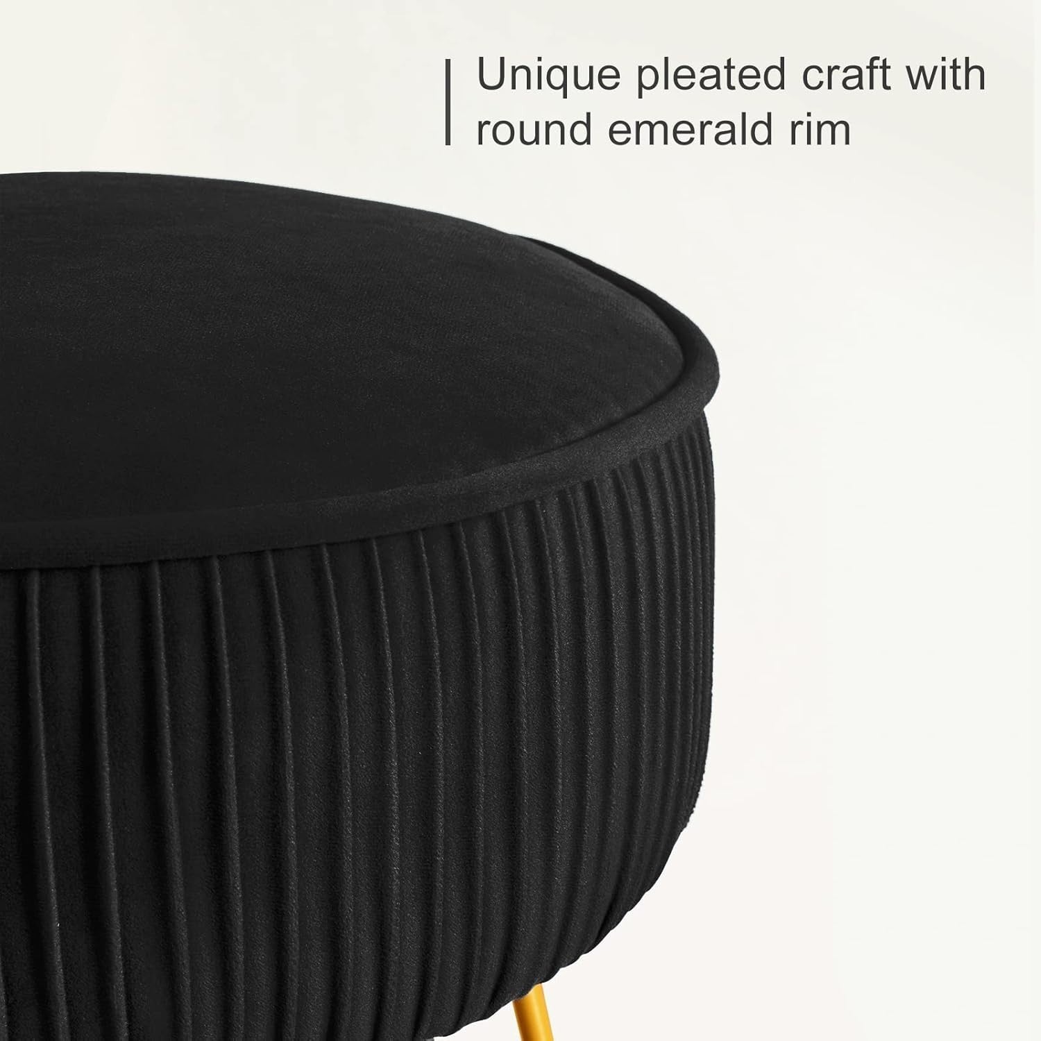 Black Velvet Pleated Vanity Stool Round Ottoman with Gold Metal Legs