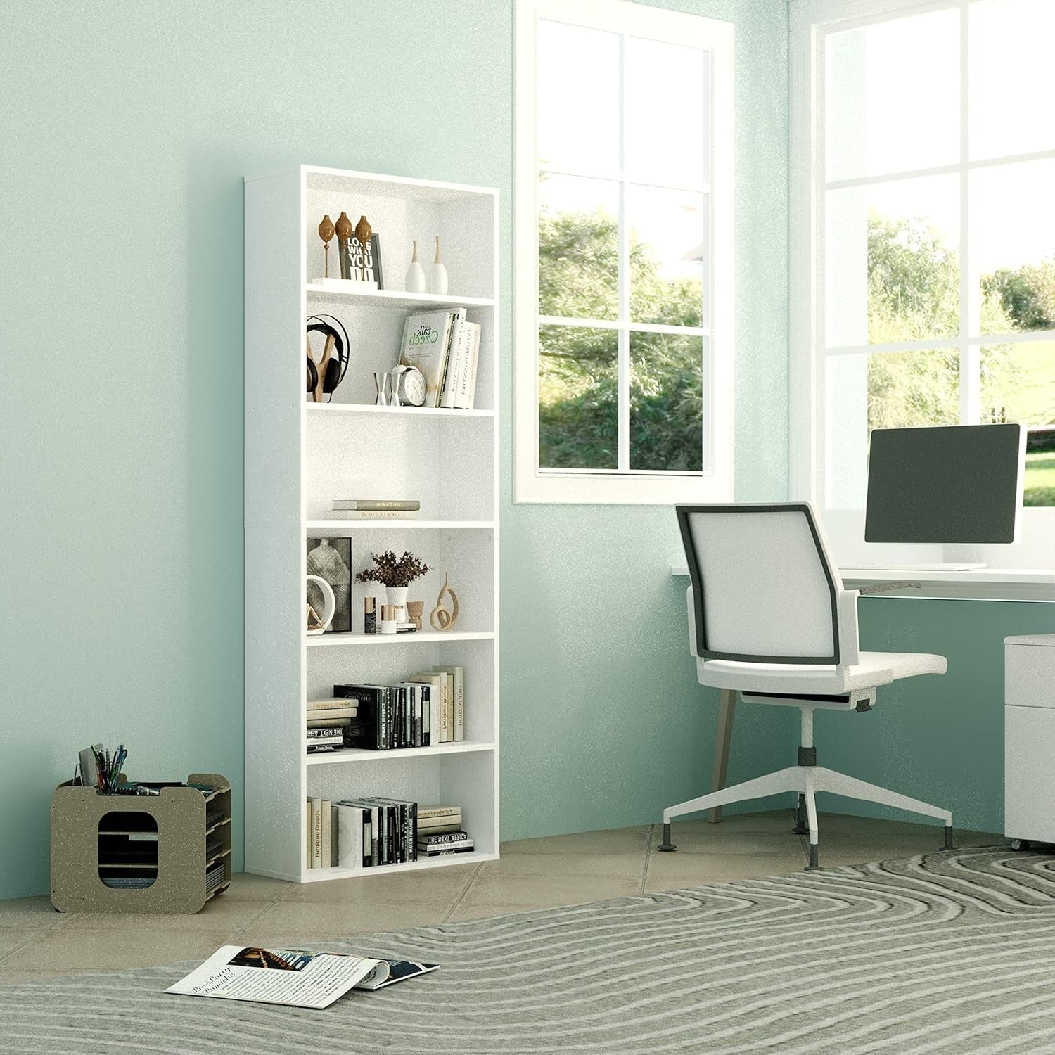 6-Tier Tall White Bookcase Large Wooden Storage Shelf Unit Modern Home Display