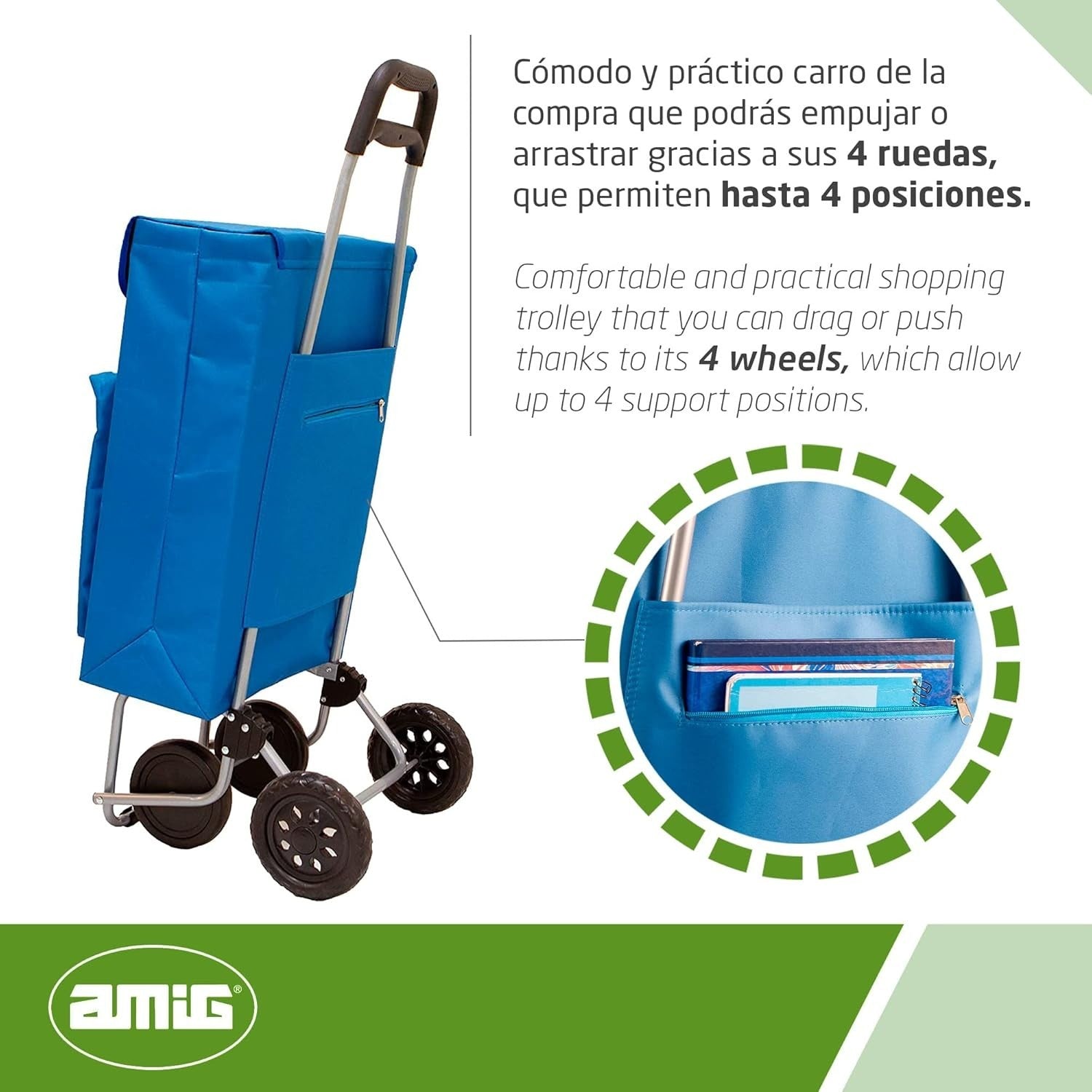 Lightweight 4-Wheel Shopping Trolley 48L Large Capacity with Freezer Pocket