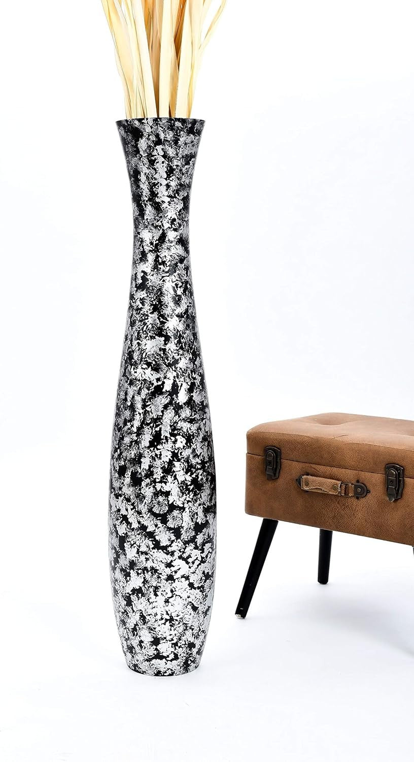 Tall Silver Black Floor Vase 105cm Wooden Decor for Pampas Grass Display
