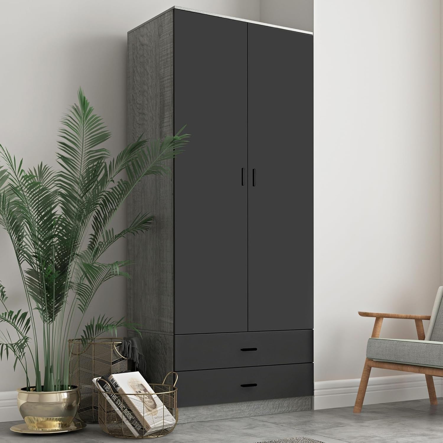 Modern Ash Grey Tall Wooden Wardrobe with 2 Drawers Bedroom Storage Unit