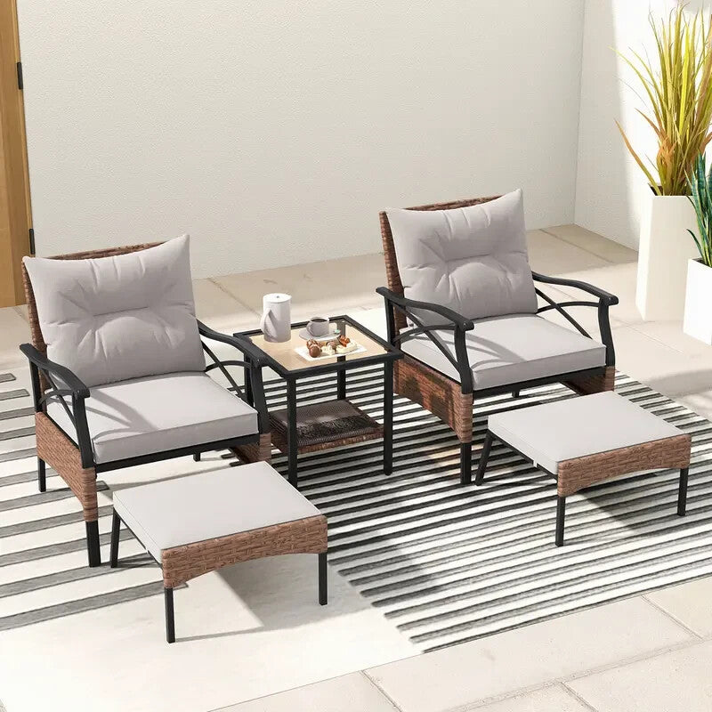 5PC Rattan Patio Furniture Set Chairs Ottomans Table Cushions Garden