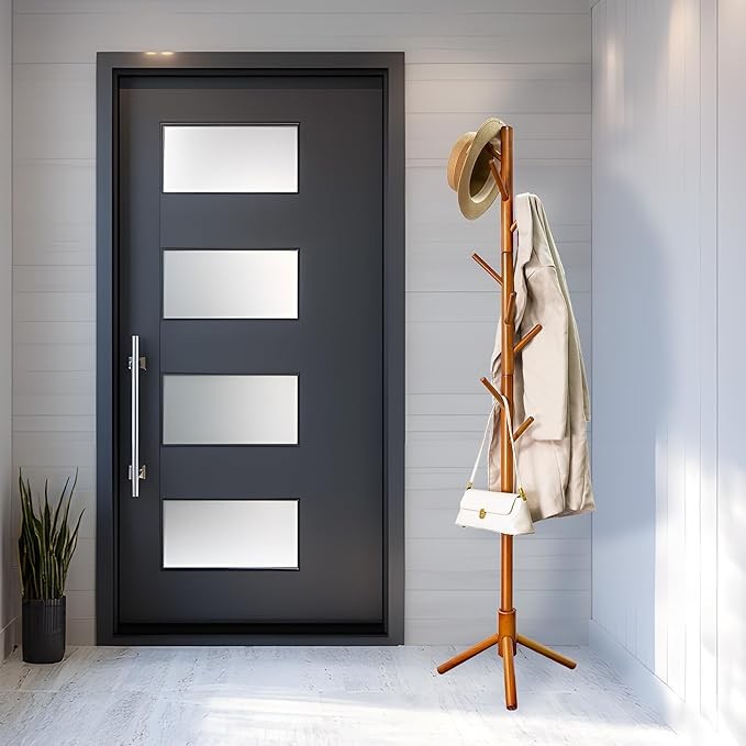 Brown Bamboo Coat Rack Freestanding 8 Hooks | Adjustable Wooden Hall Tree Stand