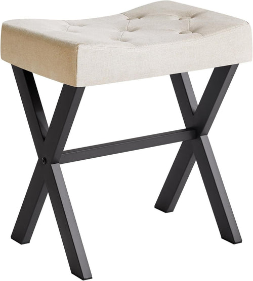 U-Shaped Linen Vanity Stool with X-Leg – Makeup Seat & Side Table