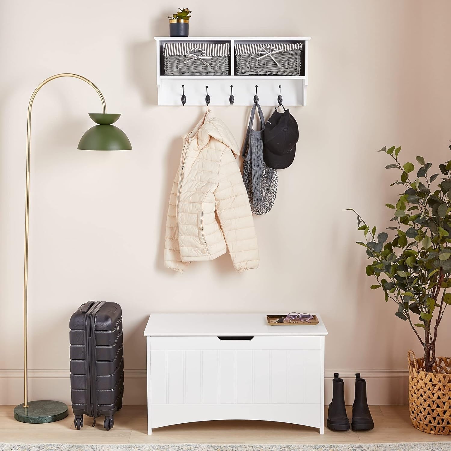 White Wall Mounted Coat Rack Shelf | 2 Wicker Baskets & 5 Hooks Hallway Unit