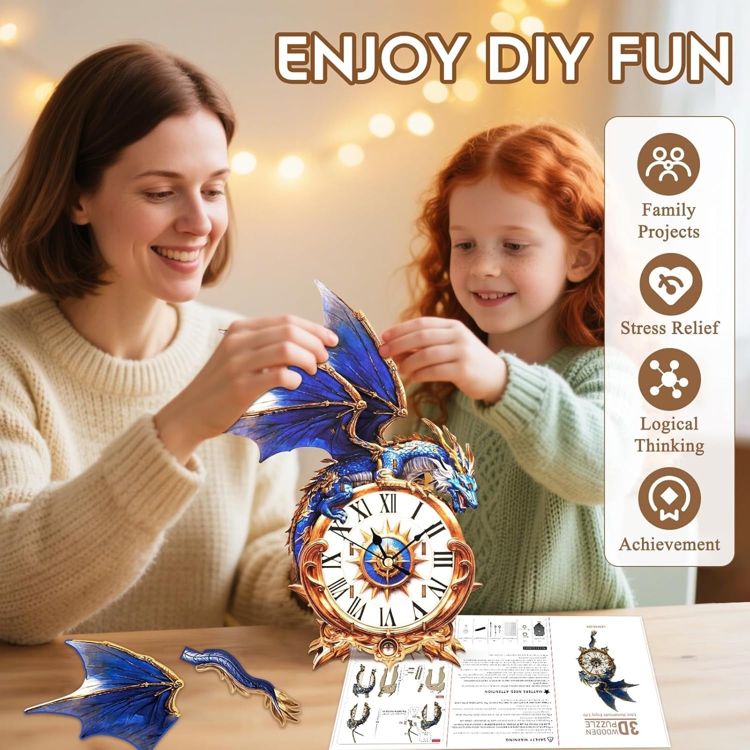 3D Blue Dragon Clock Puzzle Wooden Wall Art Timepiece Home Decor