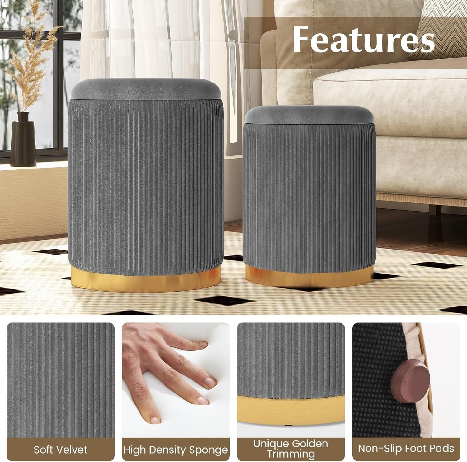 Grey Velvet Nesting Footstools Set of 2 Storage Ottomans Round Gold Base