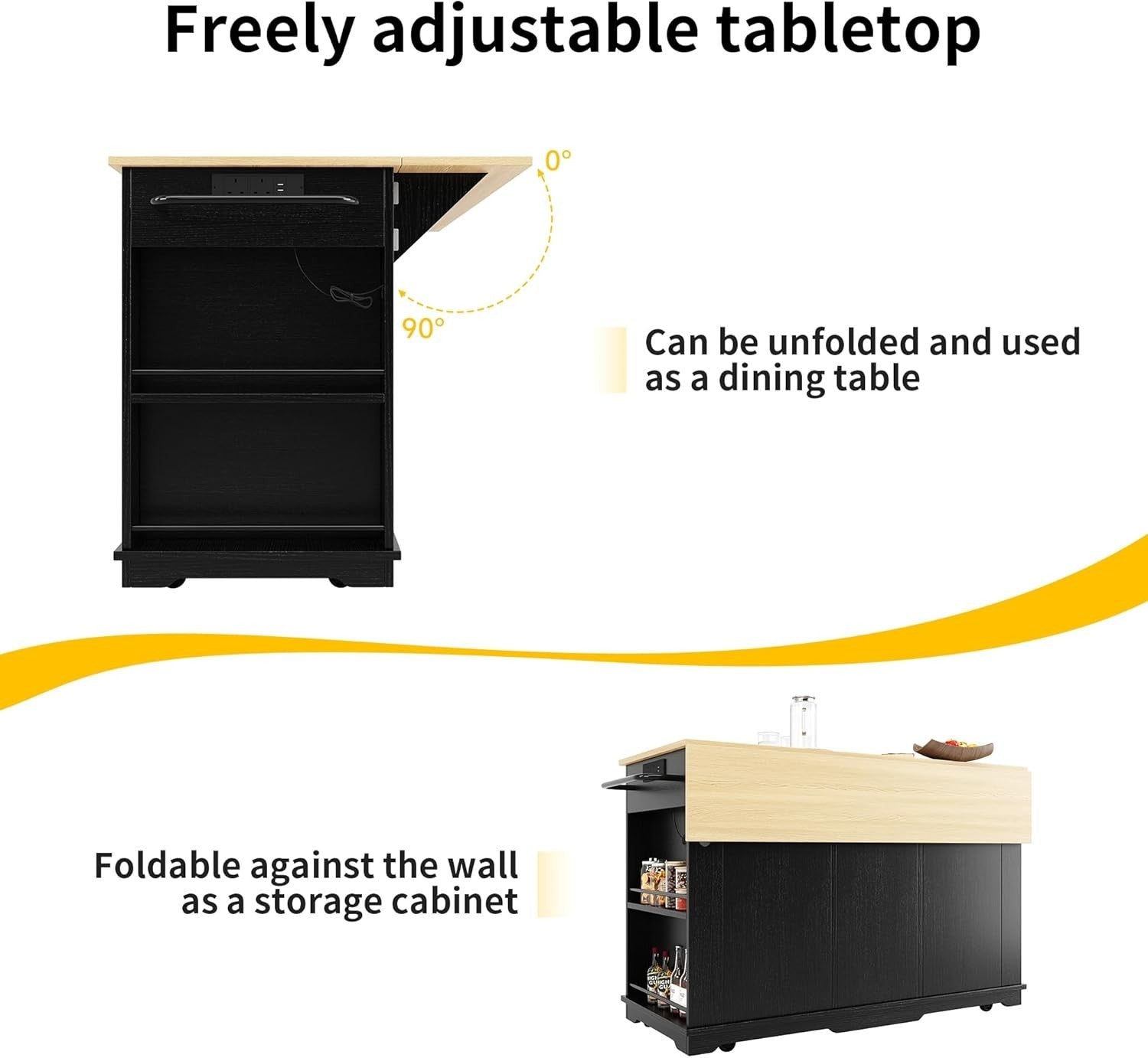 Kitchen Island Trolley with Foldable Side & Drawers Black 151.5x84.7x91.7cm