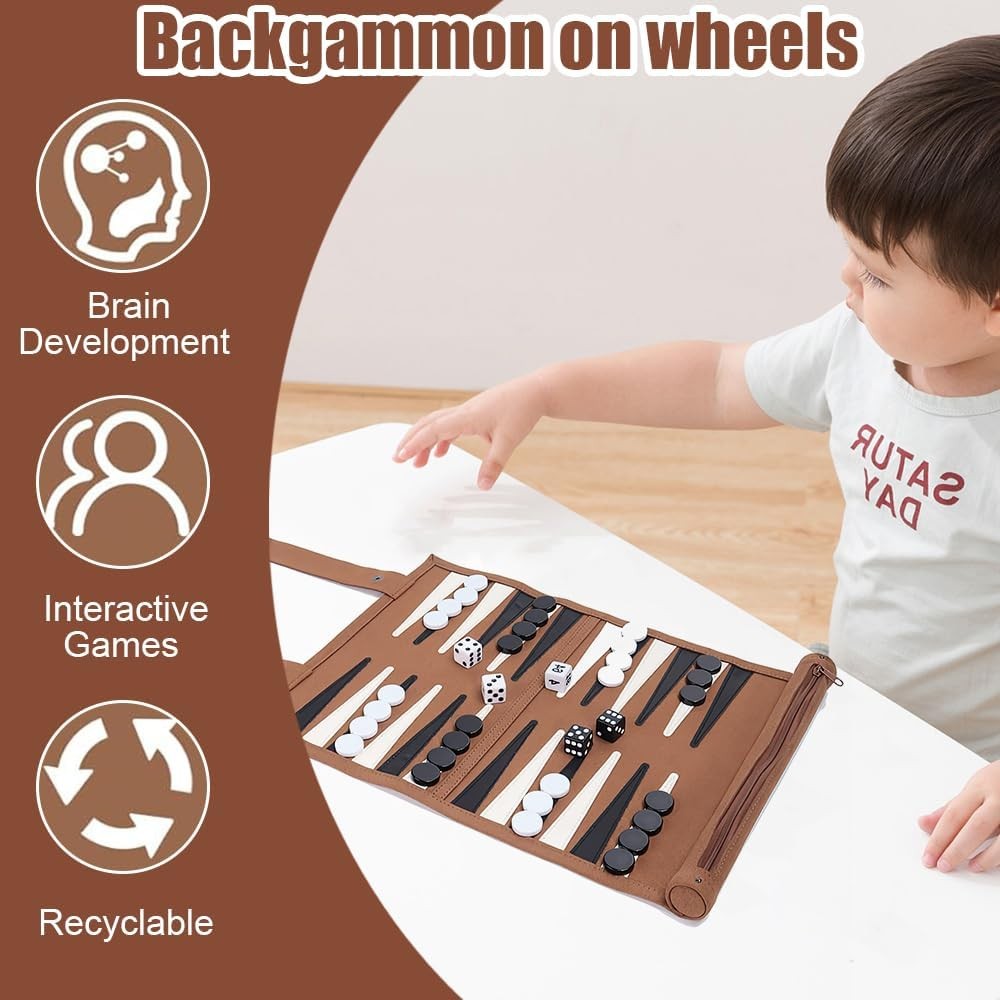 Backgammon Travel Game Set Roll Up Board with Dice Pieces Portable Case