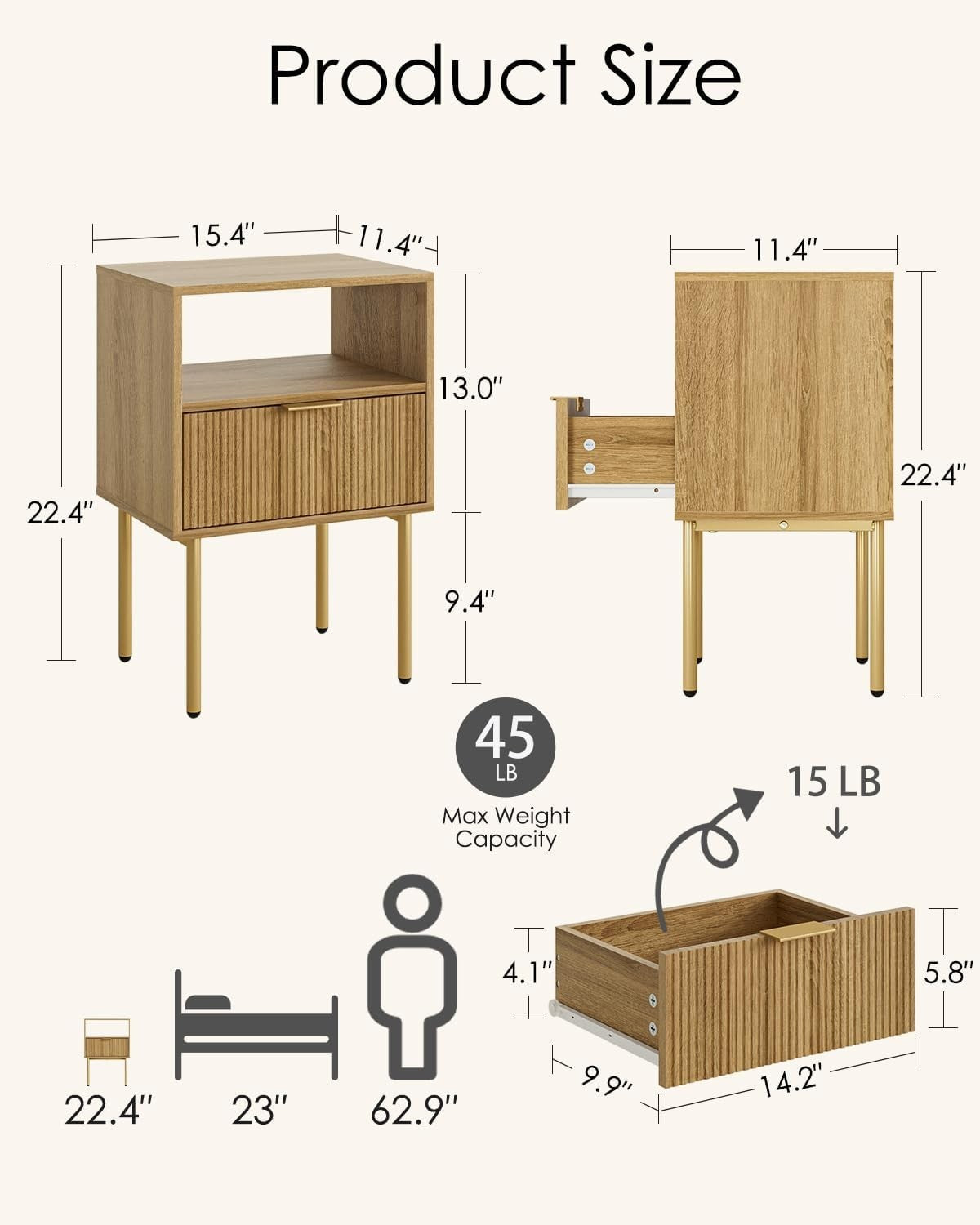 Oak Bedside Table with Drawer & Open Shelf | Modern Wooden Nightstand