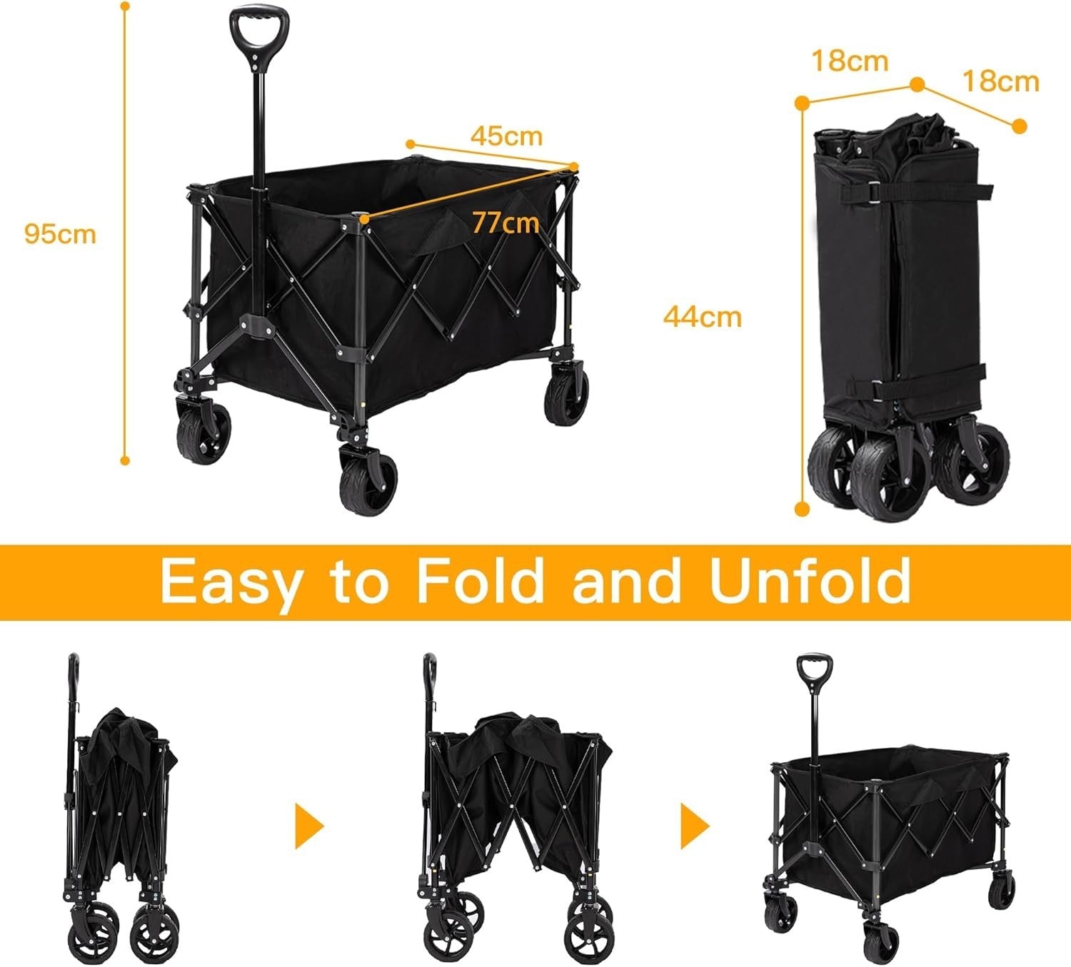 140L Folding Utility Wagon Cart All-Terrain Wheels Telescopic Handle Black