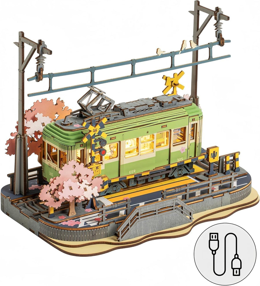 3D Wooden Tram Puzzle Kit for Adults DIY Light-Up Model Decor Gift