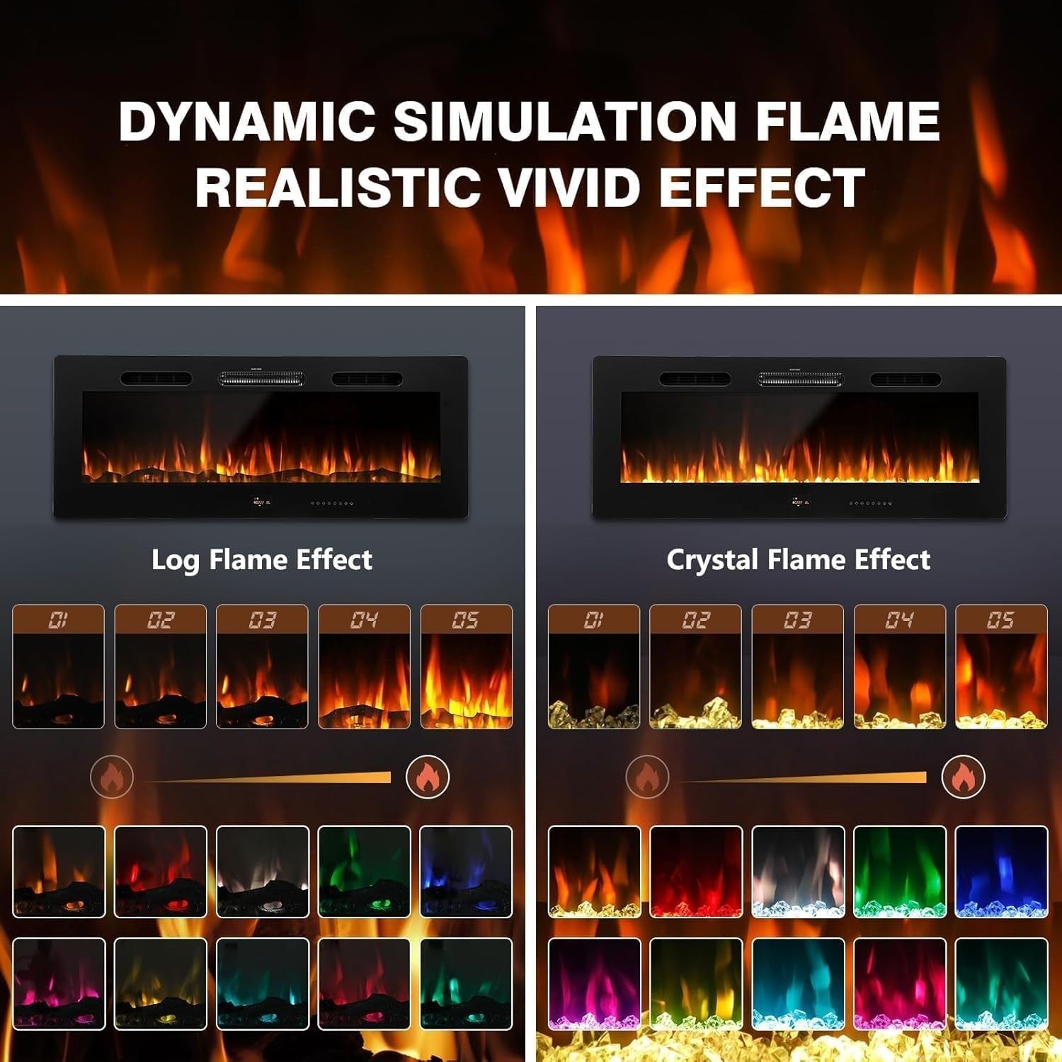 127cm Electric Wall Mounted Fireplace Insert LED Flames Remote Heat Timer