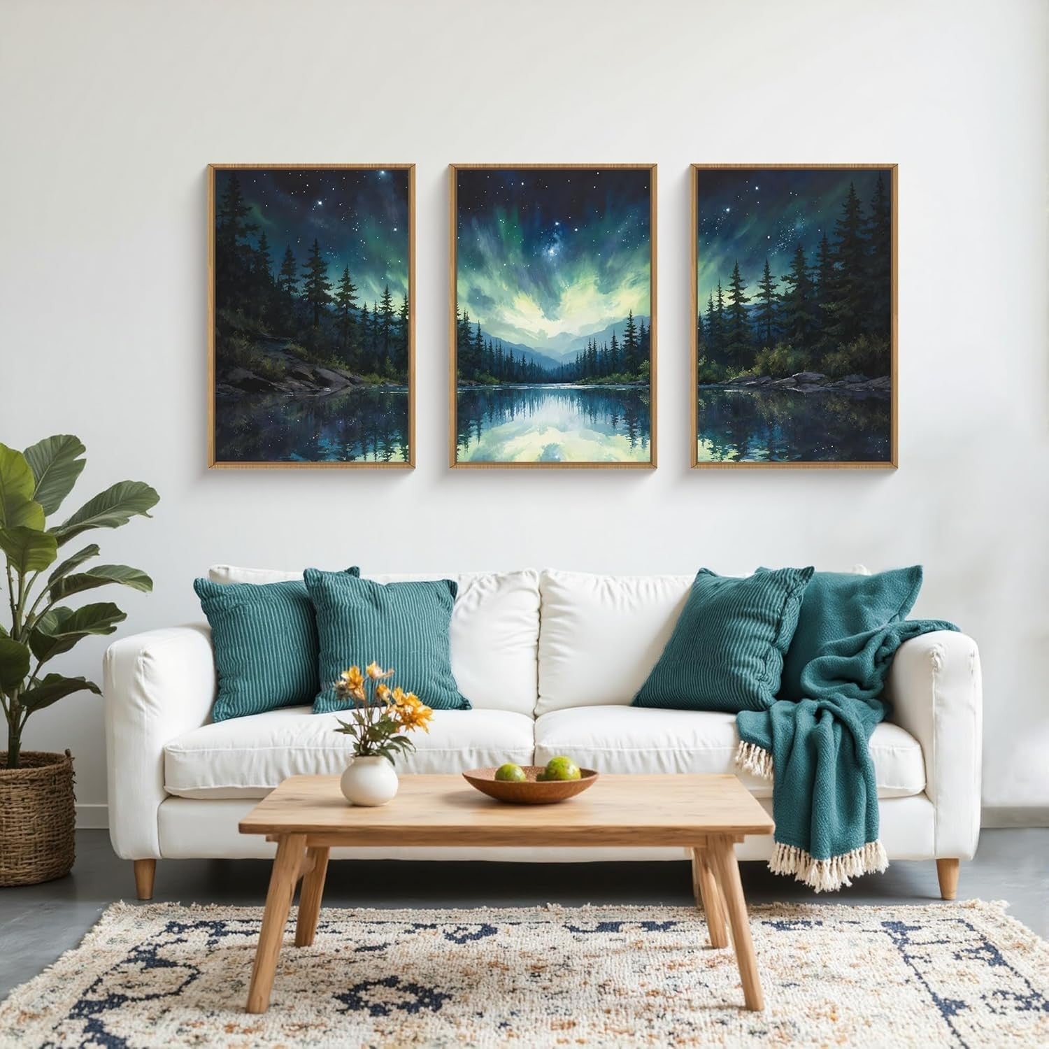 Northern Lights Framed Canvas Wall Art Set 3 Aurora Forest Lake Decor