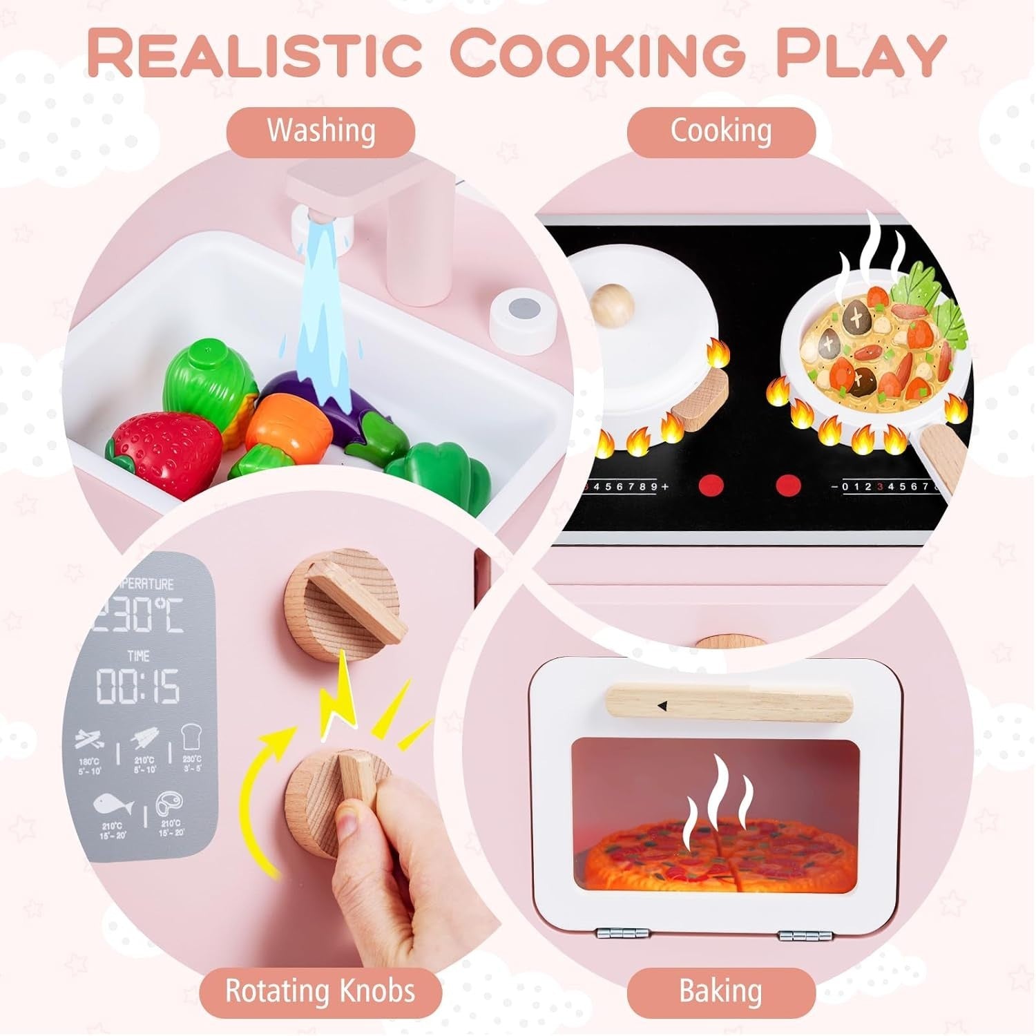 Kids Wooden Play Kitchen Pink w/ Oven Sink Stove Accessories