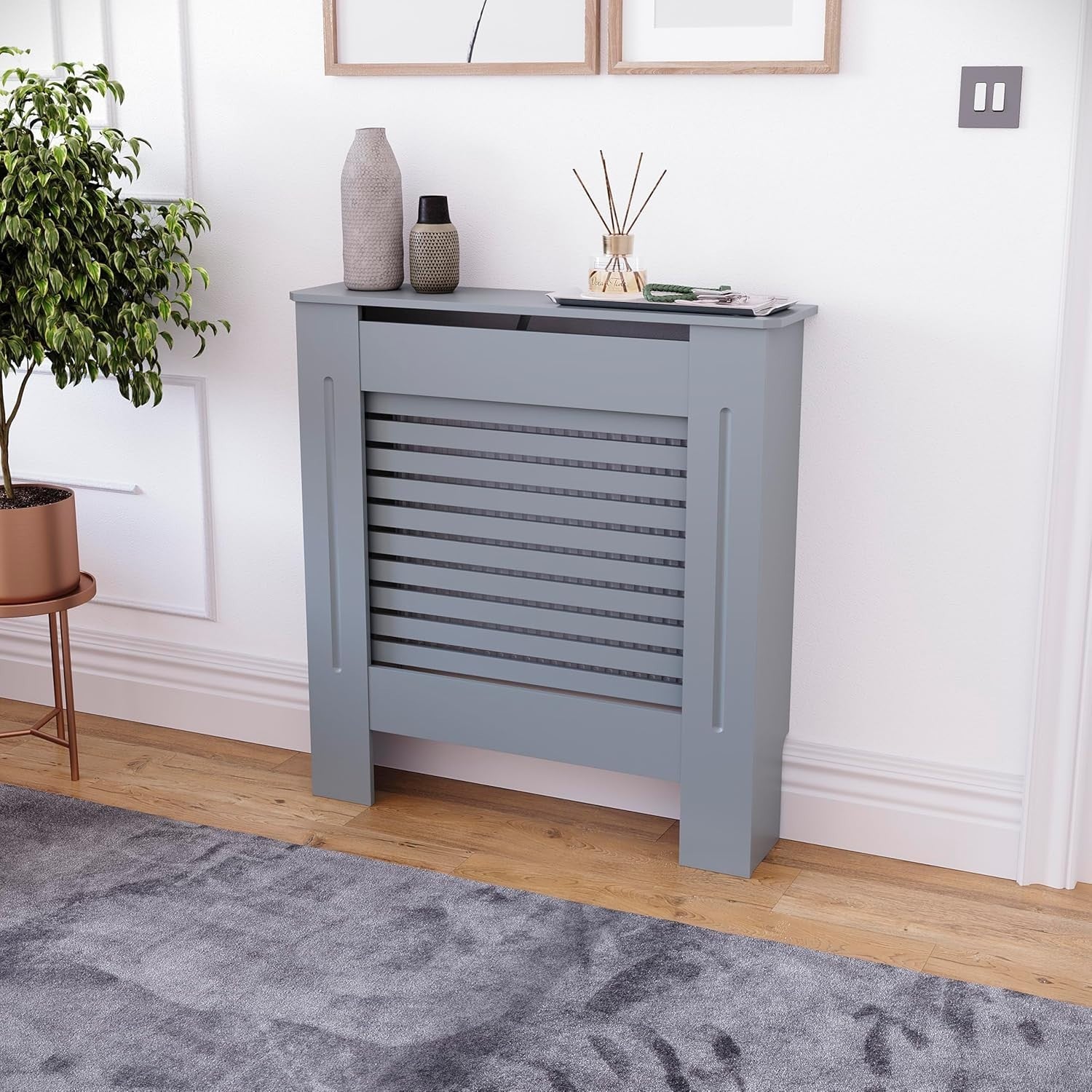 Small Grey Radiator Cover 68x80x16cm Modern MDF Slatted Cabinet for Home Safety