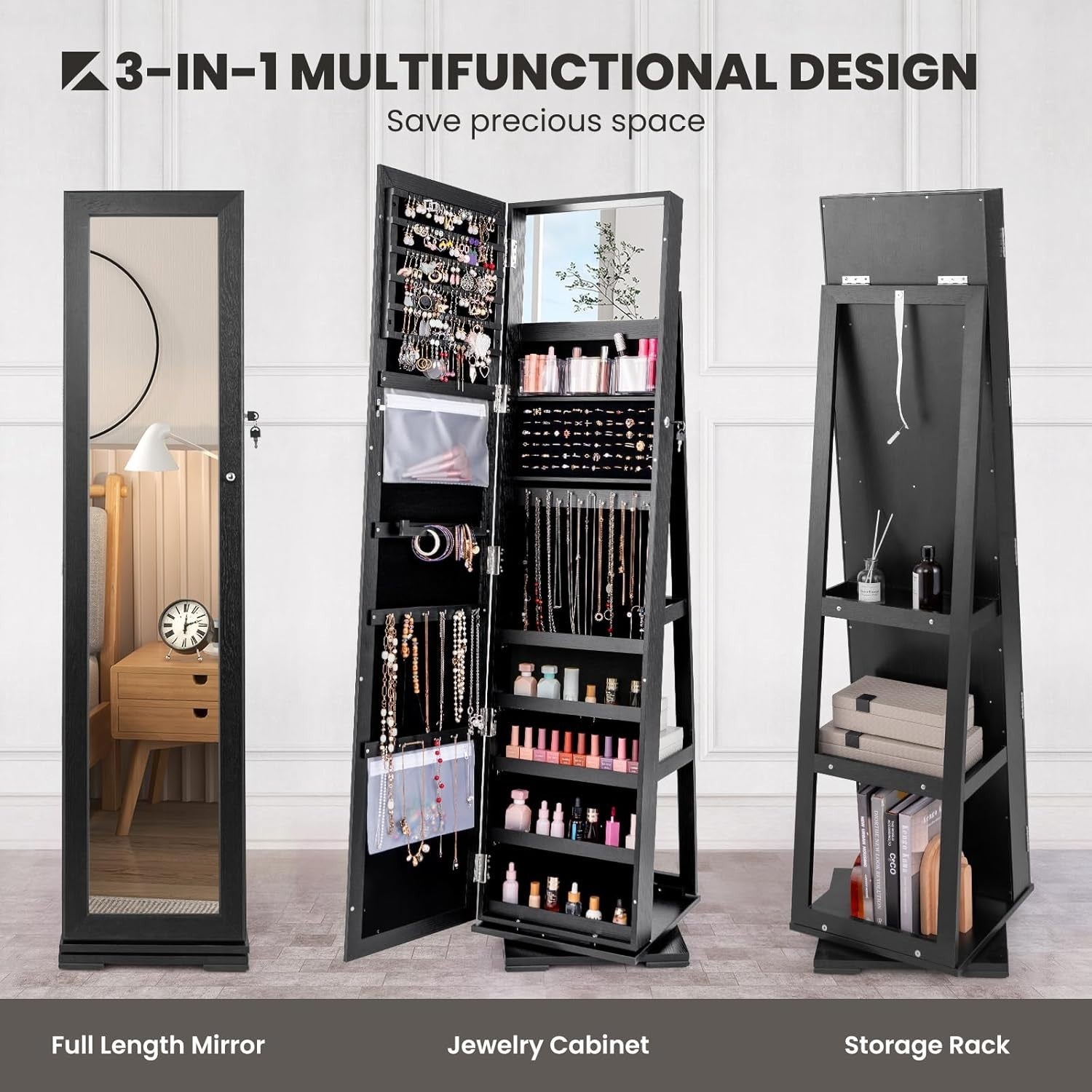 Black 360° Swivel Jewelry Cabinet Mirror Lockable 3-in-1 Storage Stand