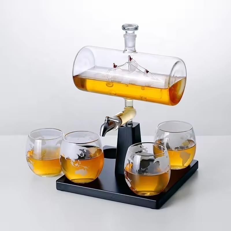 Whiskey Decanter Set 1000ml Crystal Decanter 4 Glasses Wooden Base Gift