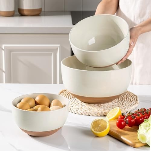 3-Piece Light Beige Ceramic Mixing Bowls Set Nesting Microwave & Dishwasher Safe