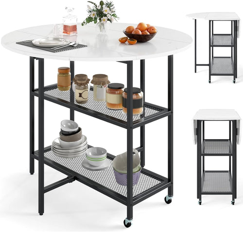 Folding Dining Table with Wheels & Storage Shelves Black + White