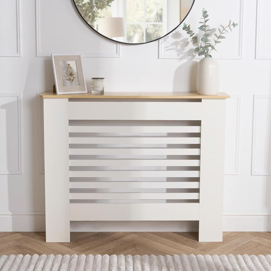 Small Cream Radiator Cover with Oak Top 78x19x82cm – Modern MDF Slatted Cabinet
