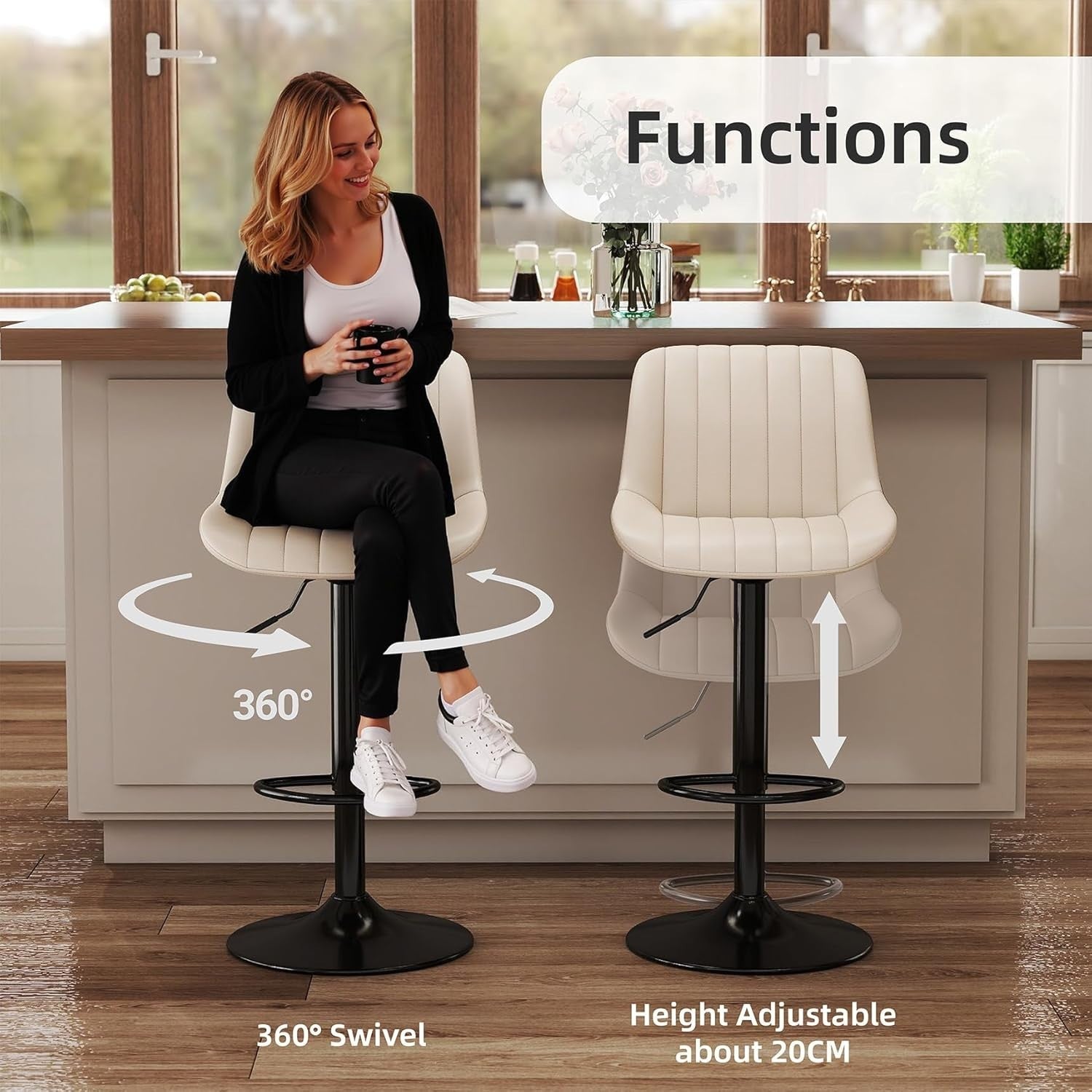 Adjustable Swivel Bar Stools Set of 2 PU Leather Counter Height Beige