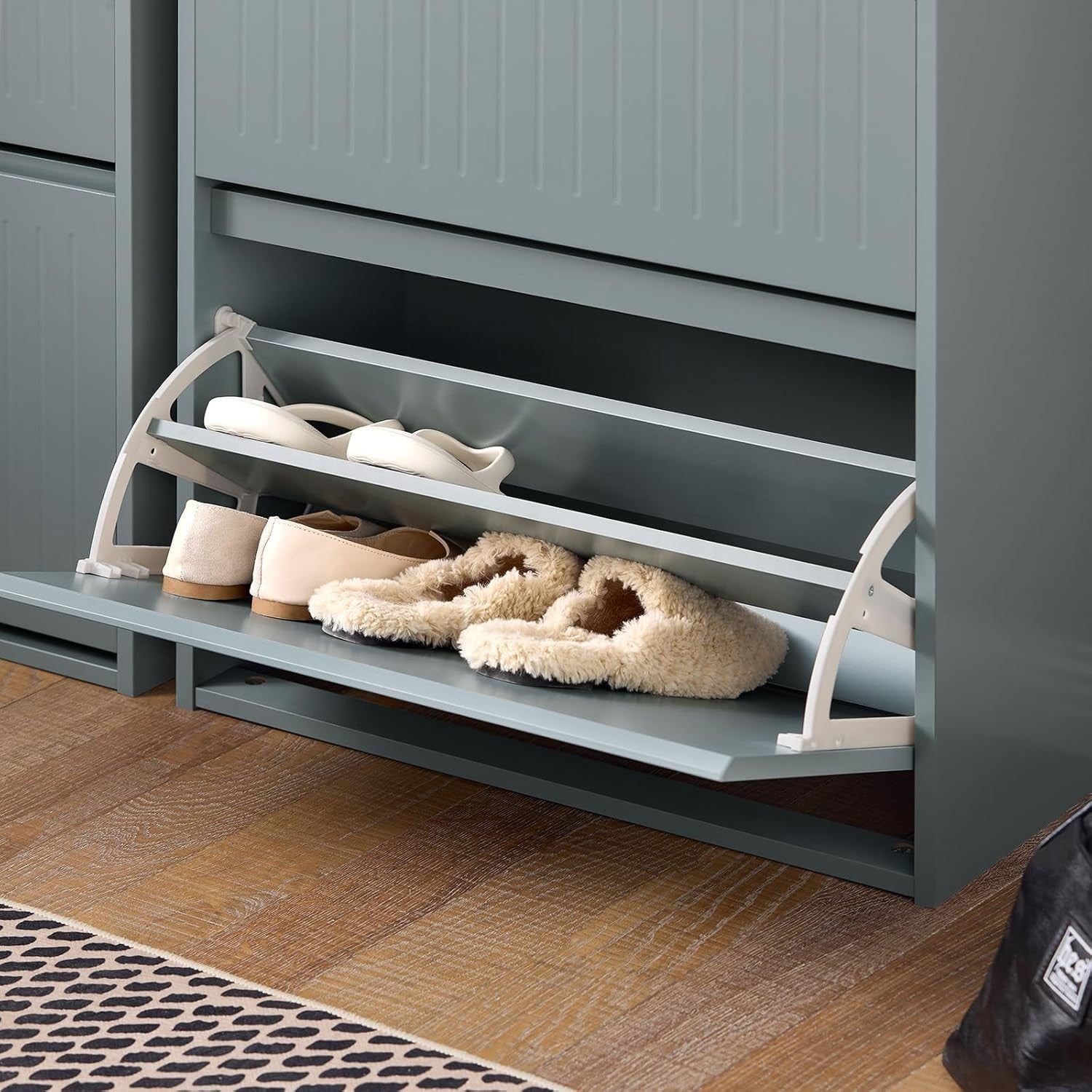 Slim Shoe Storage Cabinet Grey – 2 Flip Drawers Narrow Hallway Cupboard MDF