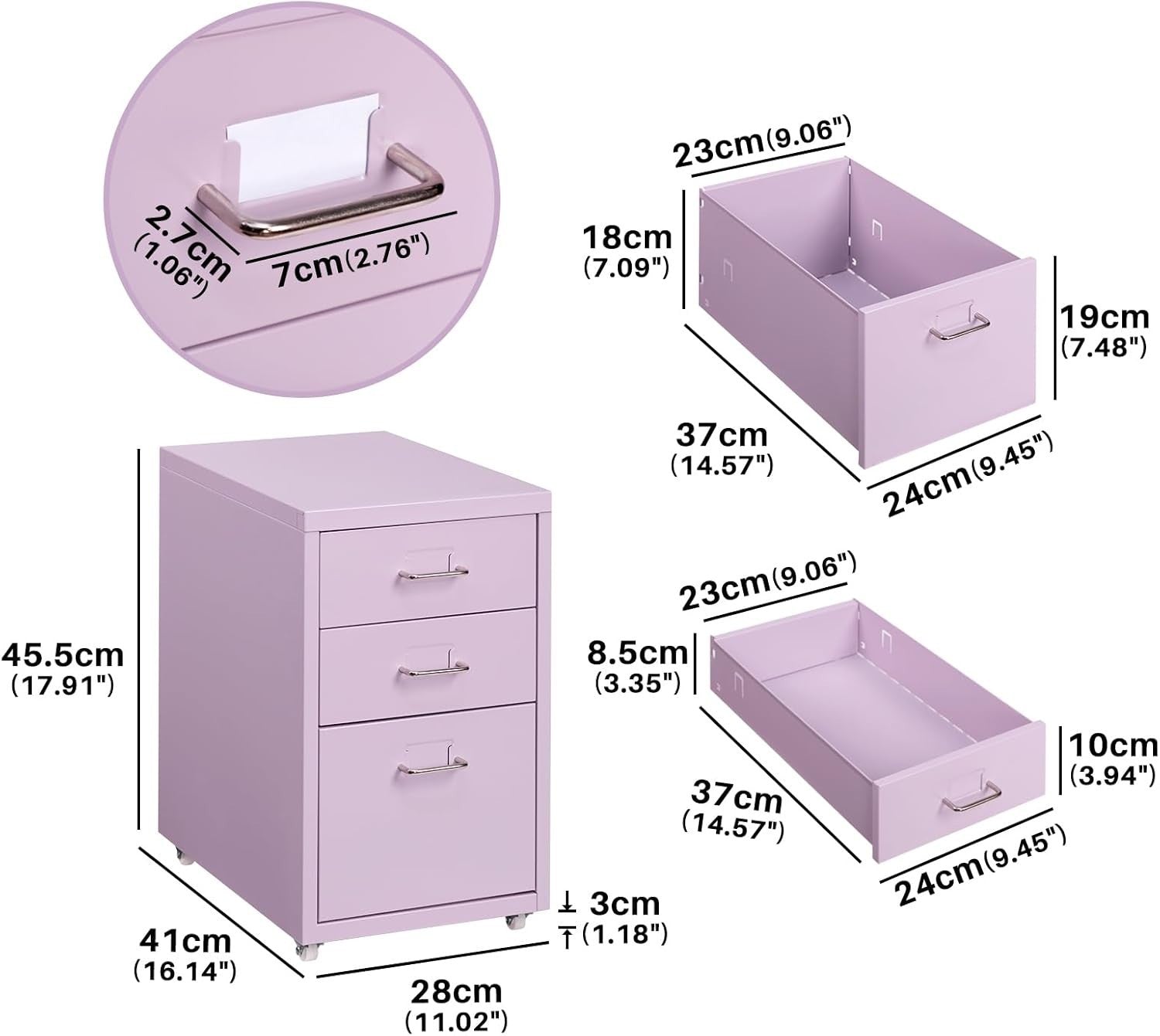 Lavender Metal Rolling Drawer Cabinet 3 Tier Under Desk File Storage