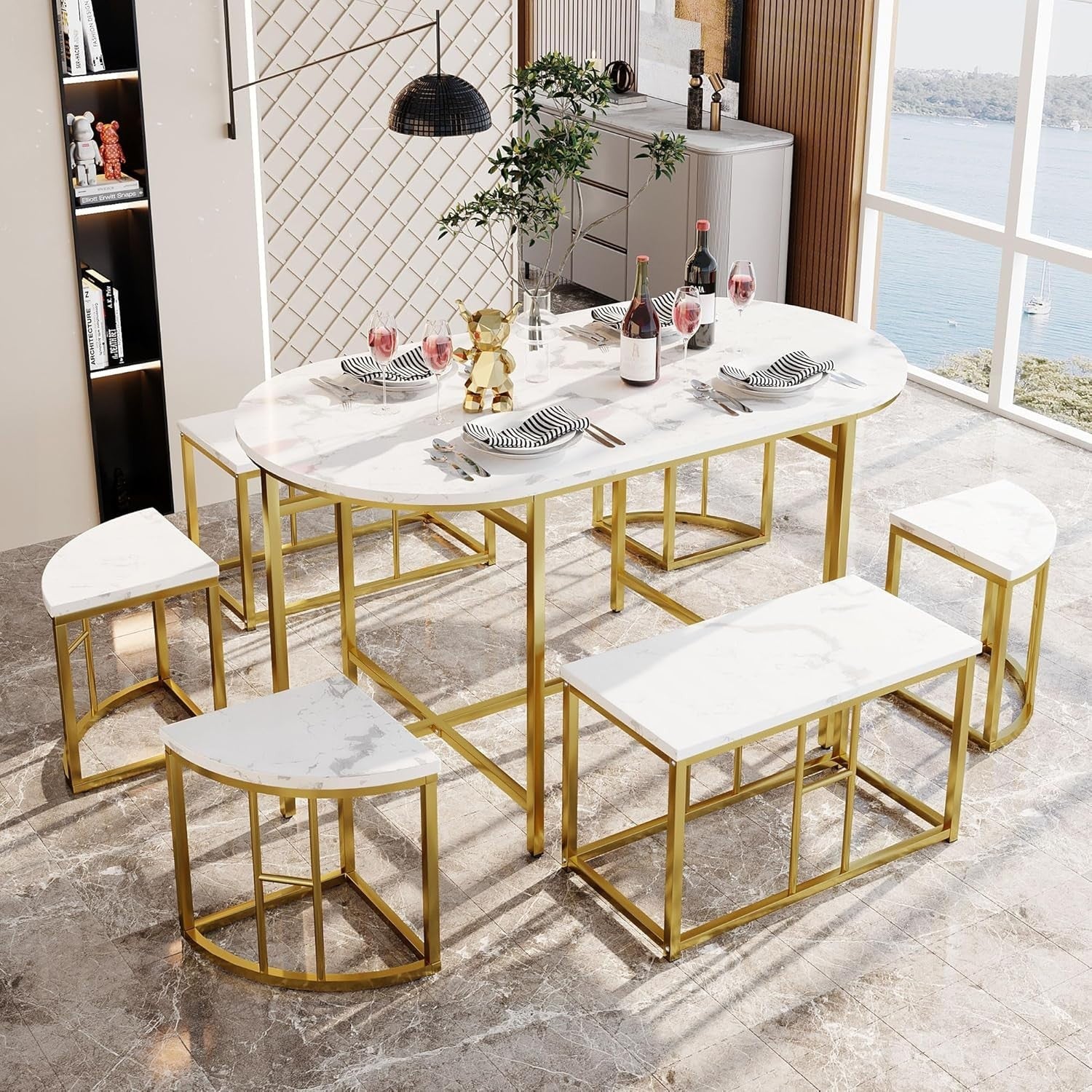 Luxury 6-Seater Dining Table Set with Marble Top & Gold Iron Frame - Modern Chic