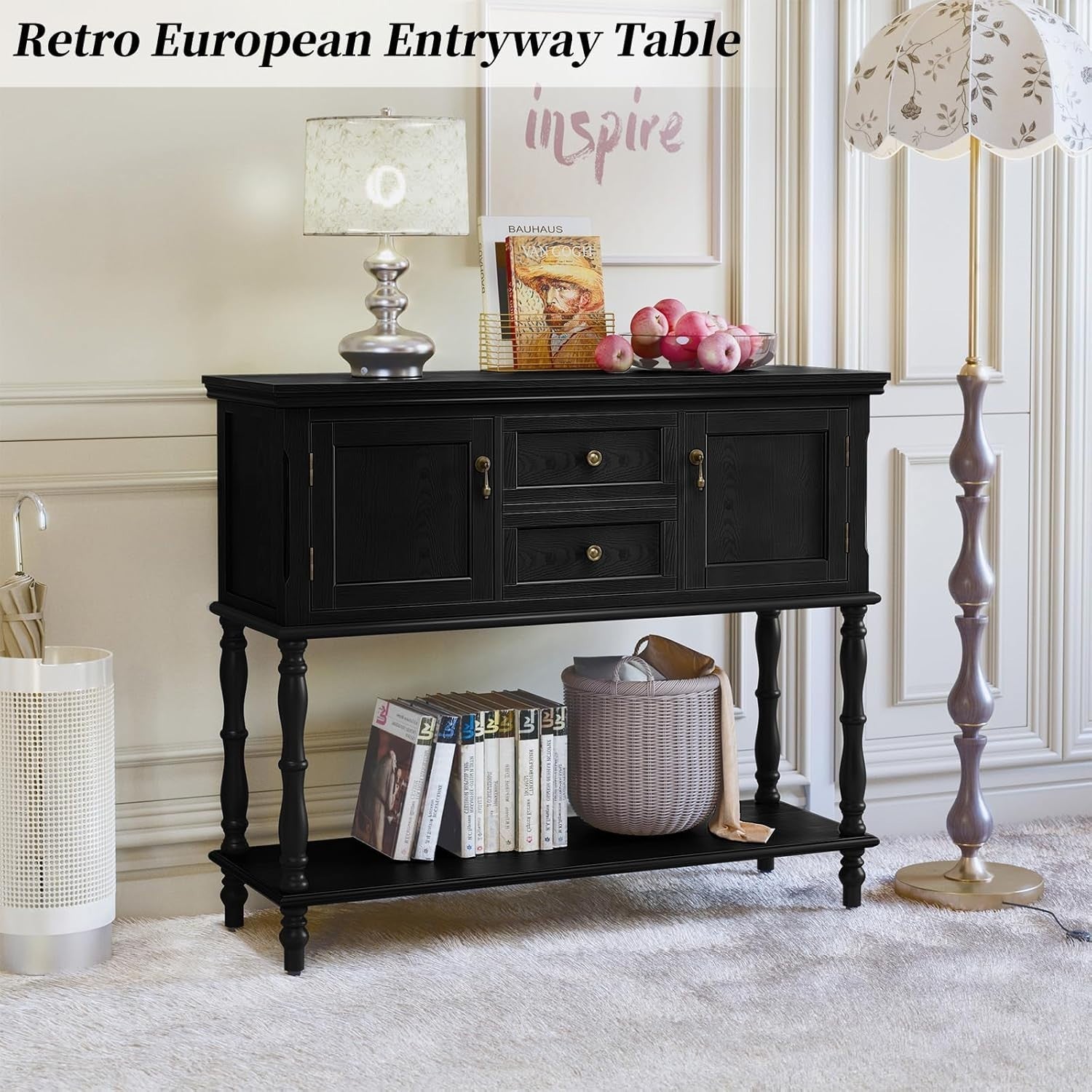 Vintage Black Console Table with Drawers & Storage - Retro Hallway & Living Room