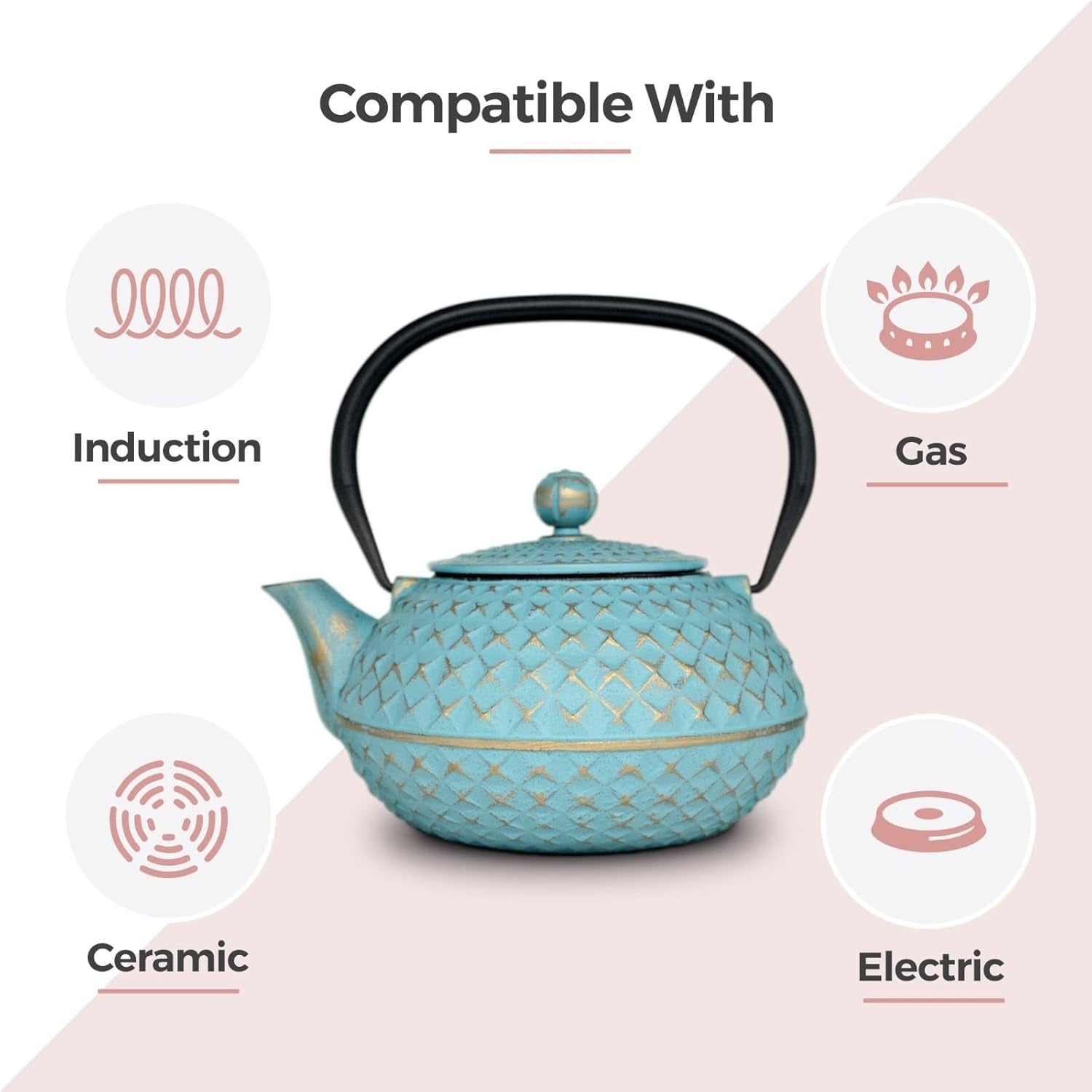 Cast Iron Teapot 900ml Chinese Tetsubin Tea Pot w Infuser Blue Diamond