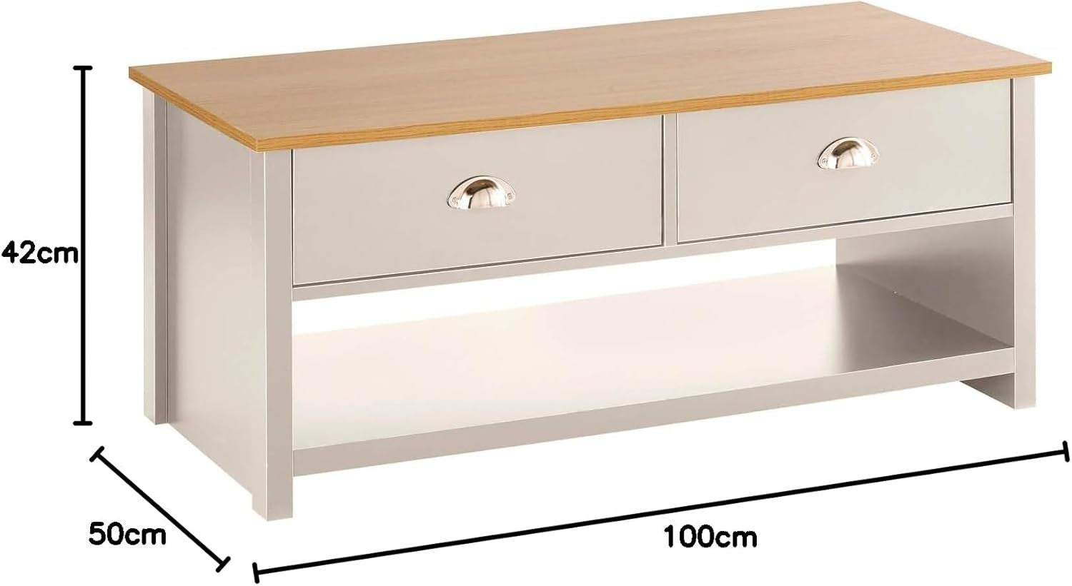 Modern White Coffee Table with Oak Effect Top & 2 Drawers Storage 100cm
