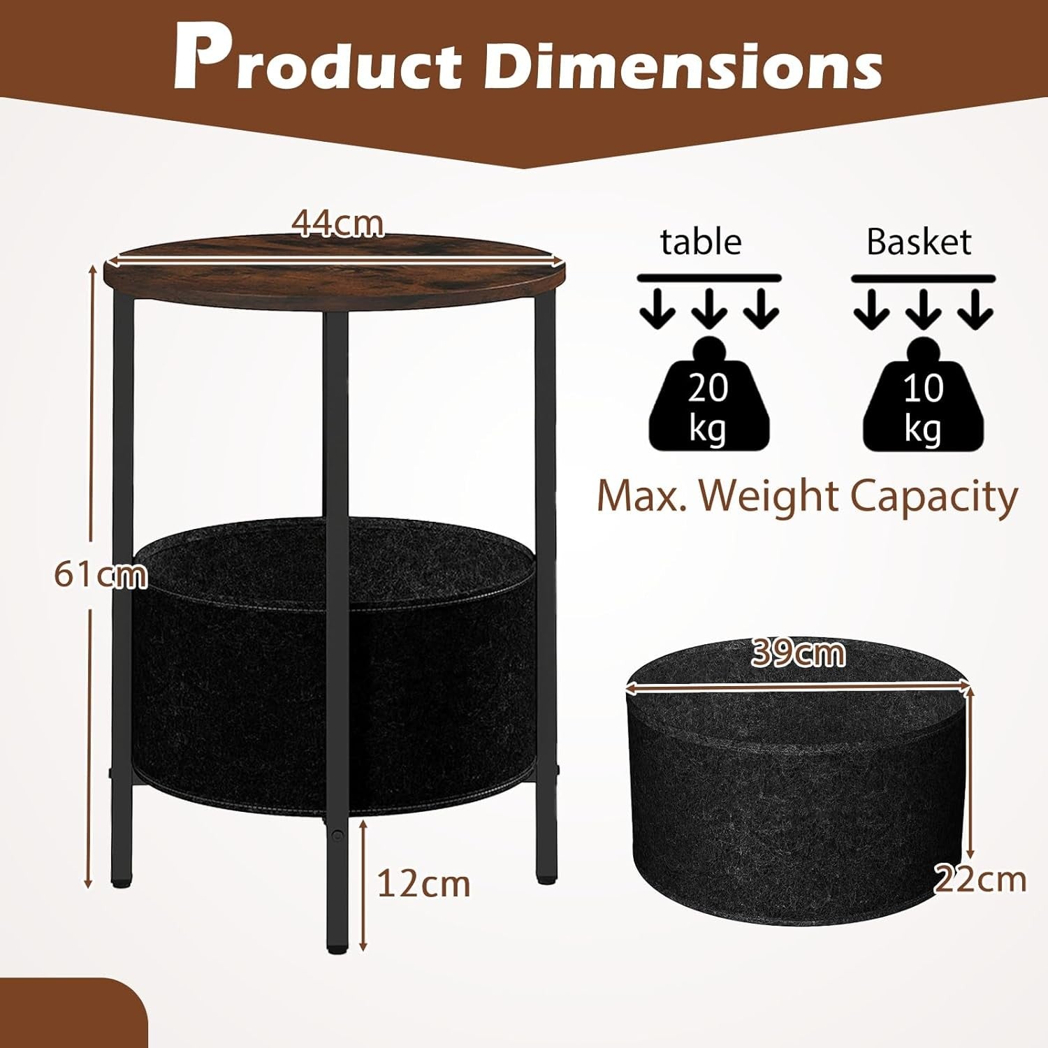 Round Rustic Bedside Table with Fabric Storage Basket & Metal Frame – 2-Tier Sid