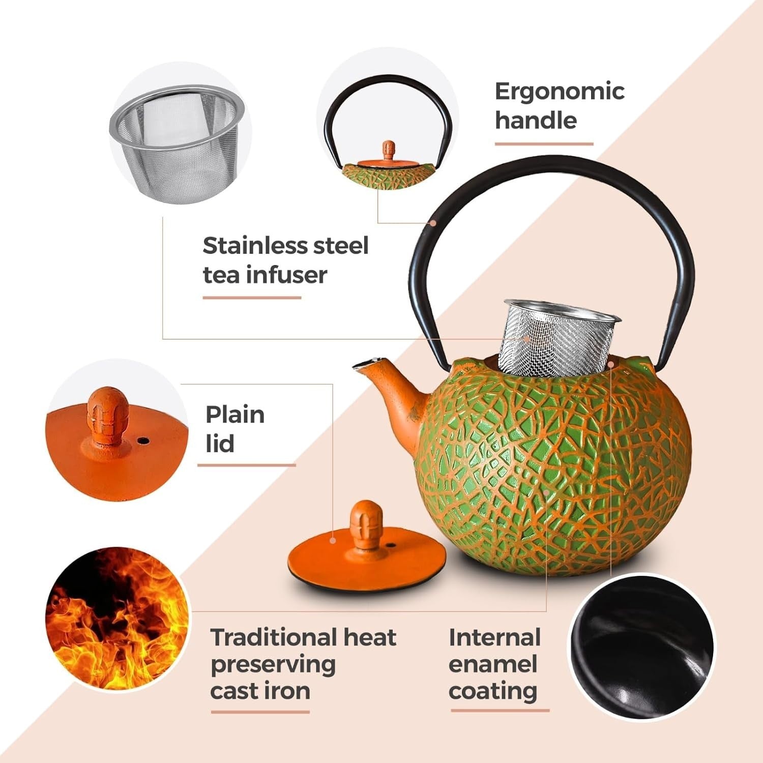 Cast Iron Teapot 800ml Tetsubin Tea Pot w/ Infuser Orange Green