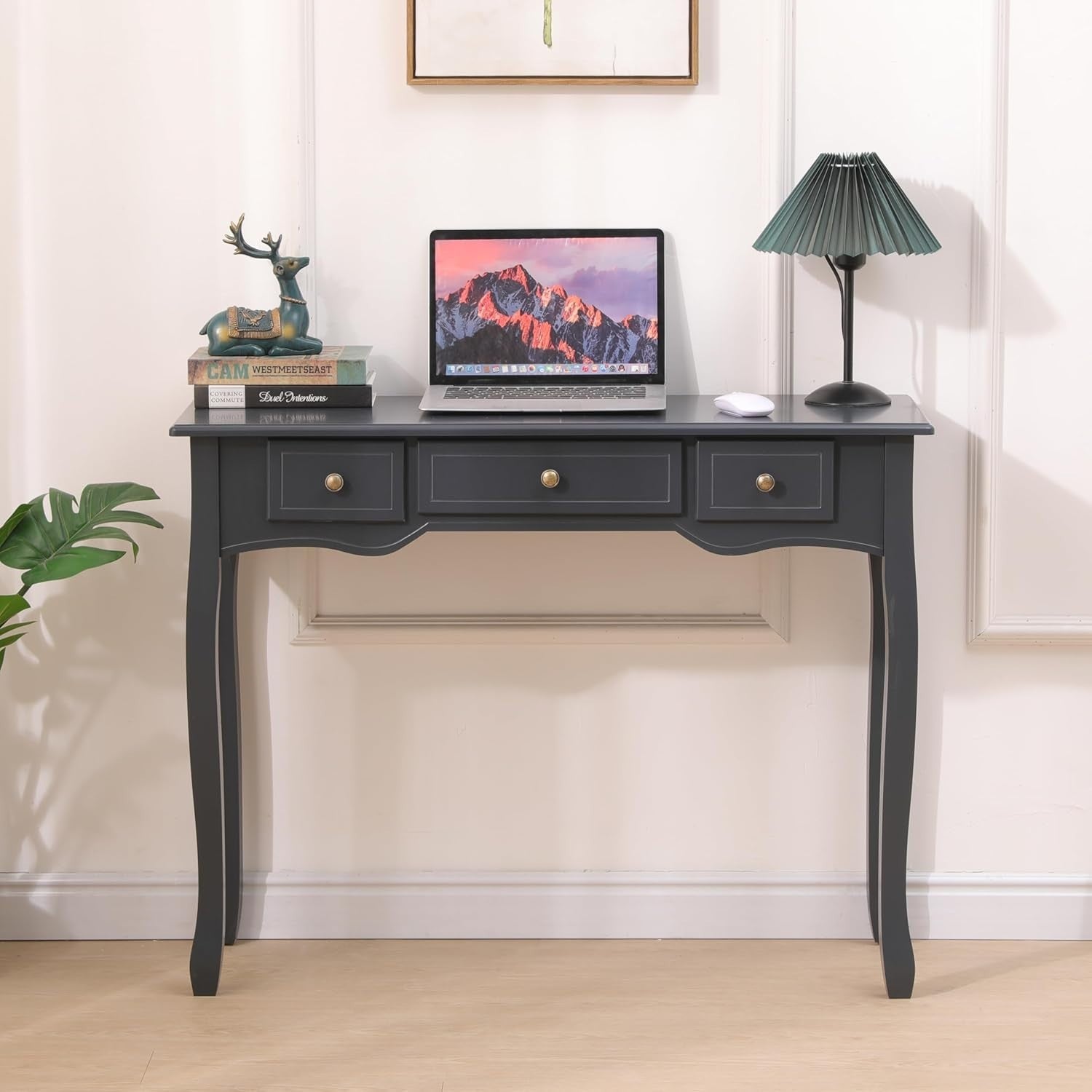 Console Table with 3 Drawers Dark Grey Solid Wood Legs Hallway Living Room