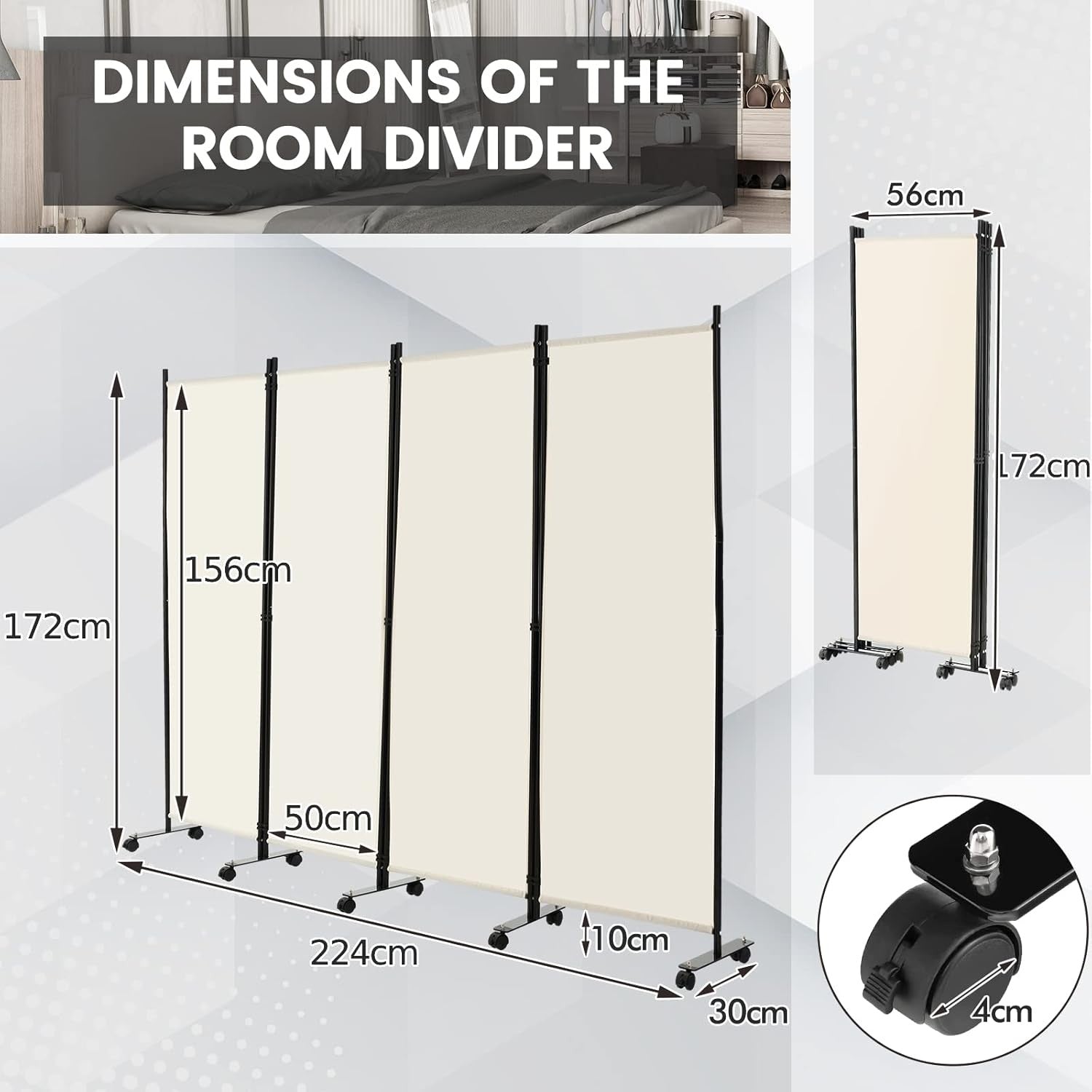 4 Panel Beige Folding Room Divider Privacy Screen on Wheels for Home Office