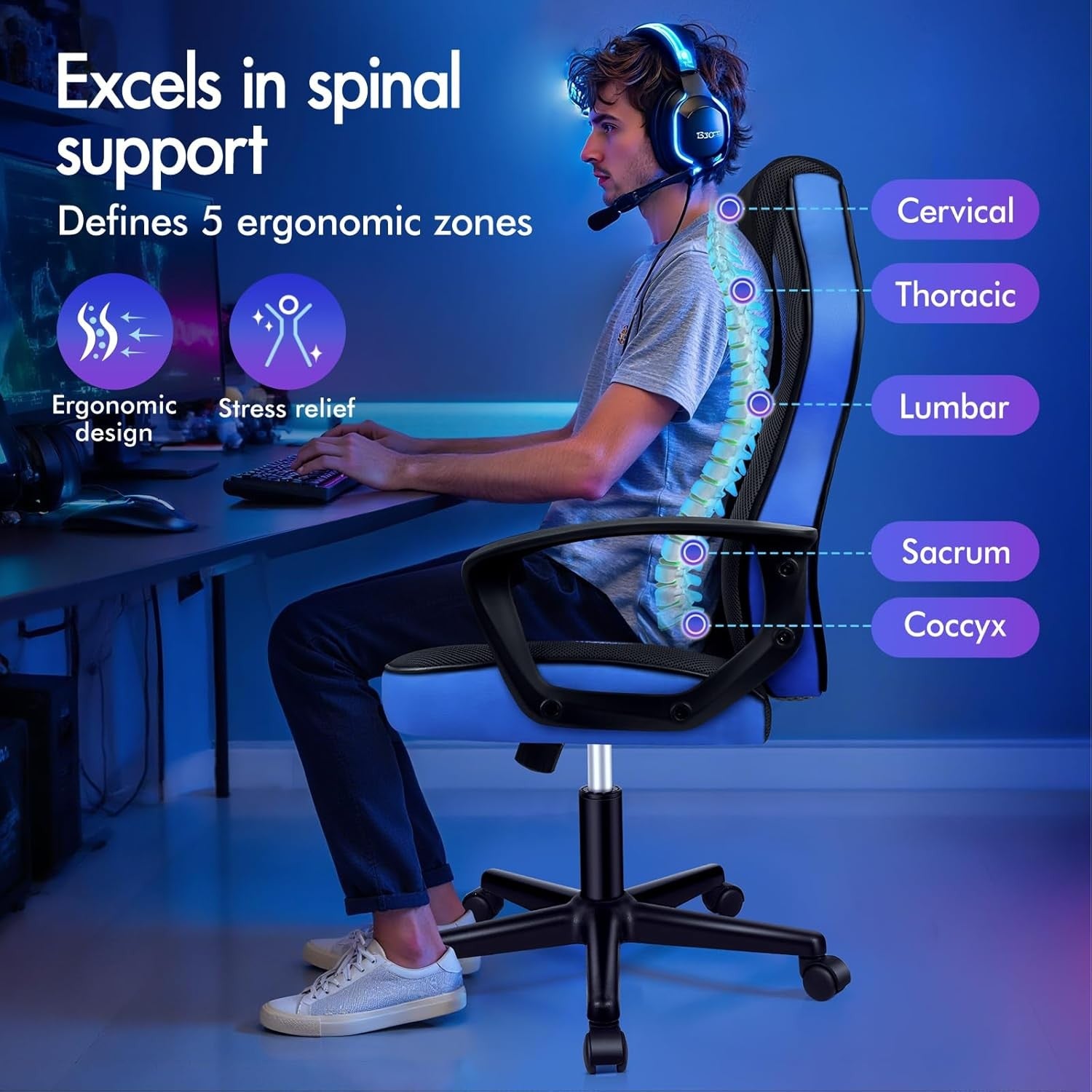Ergonomic Gaming Chair Racing Swivel Desk Chair Mesh PU Blue