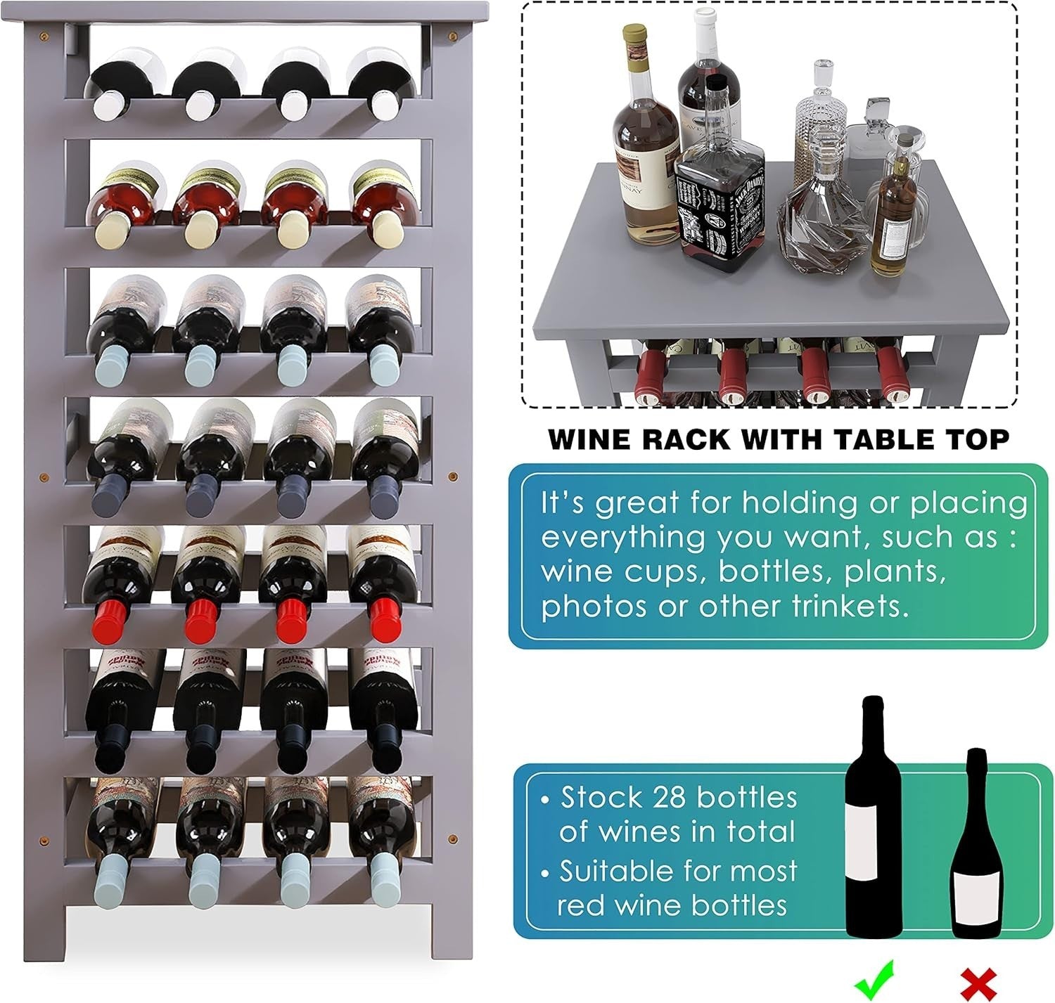 28 Bottle Wine Rack Freestanding Bamboo Storage Shelf 7-Tier with Table Top Grey
