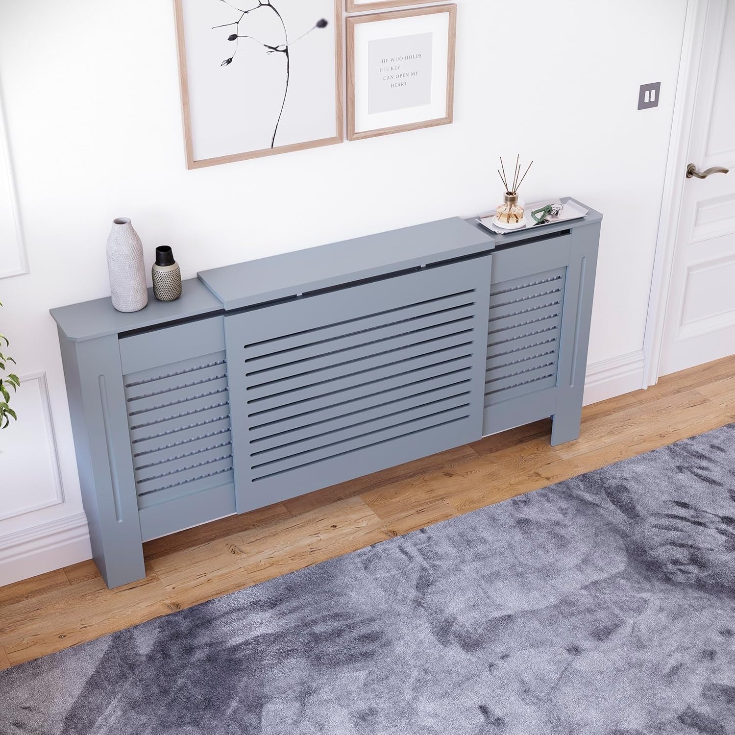 Adjustable Grey Radiator Cover 195x80x16cm Modern MDF Slatted Heating Cabinet