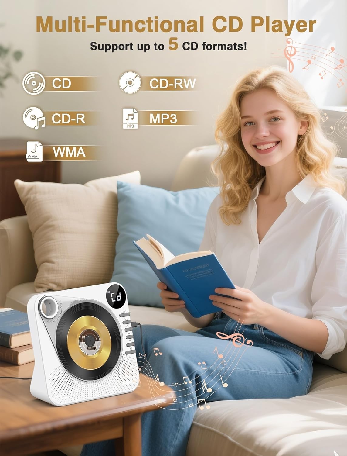 Bluetooth 5.1 CD Player w Speakers LED Display Remote USB AUX White
