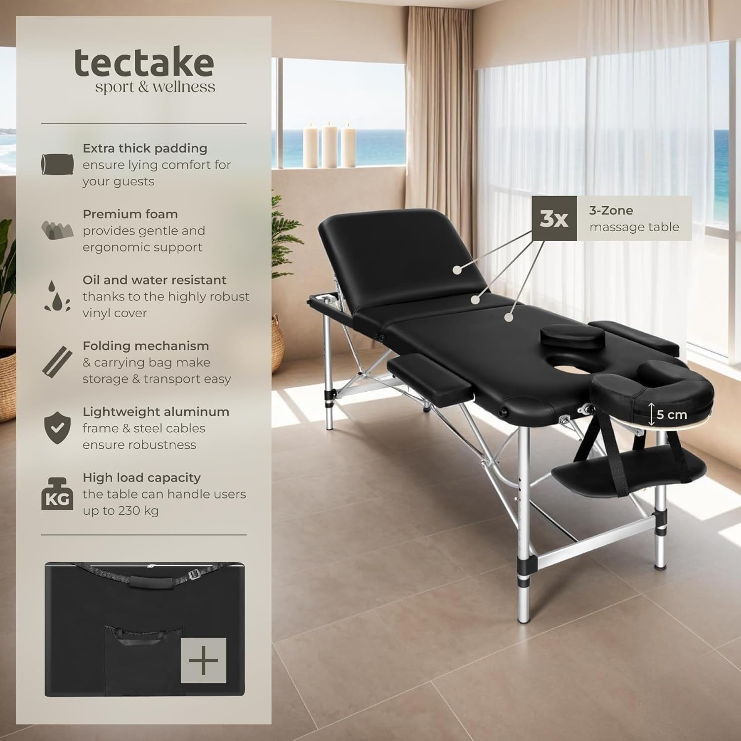 Portable 3 Section Massage Table Foldable Aluminium Beauty Spa Bed 61cm Black