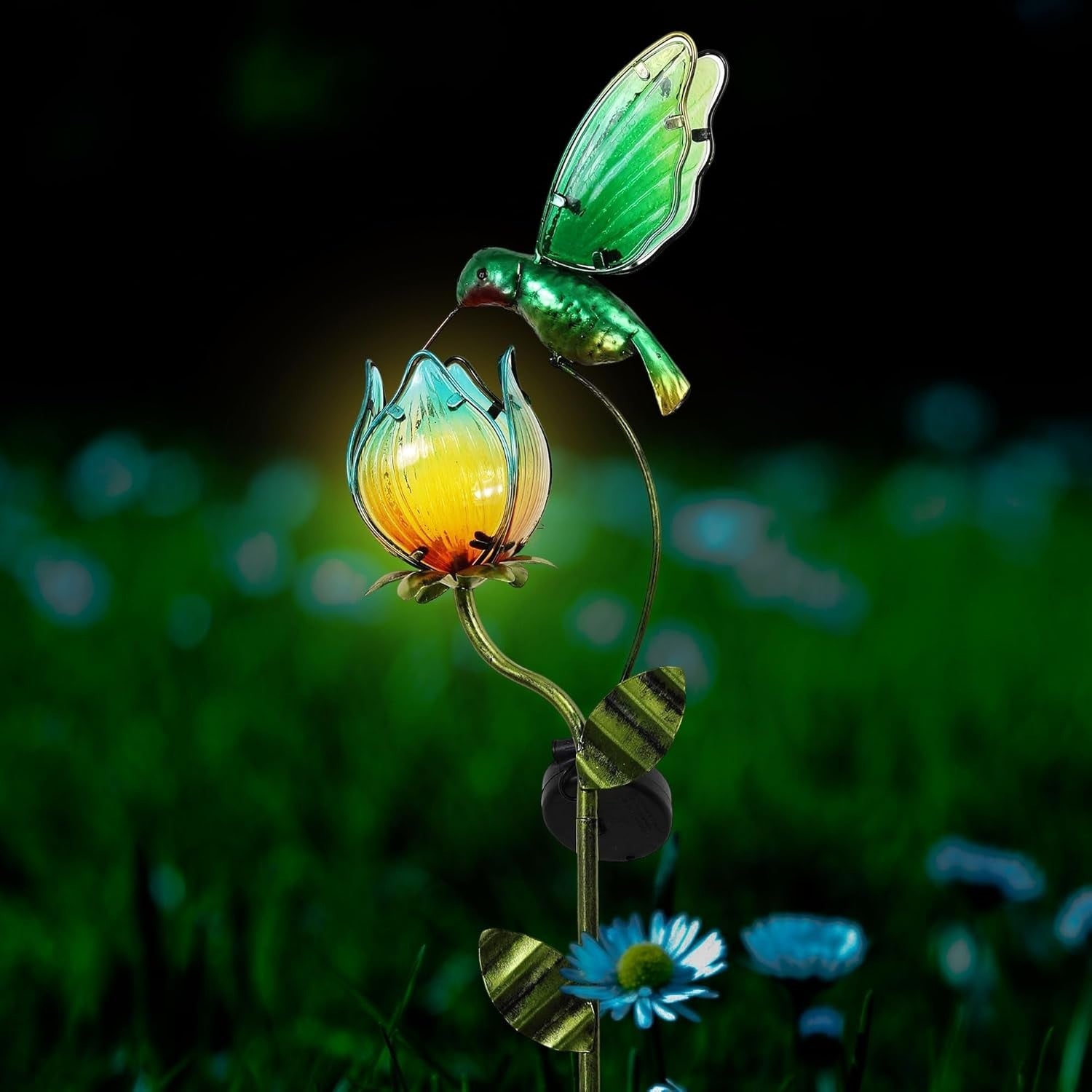 Solar Hummingbird & Tulip Garden Light Large Glass LED Outdoor Yard Stake 41in