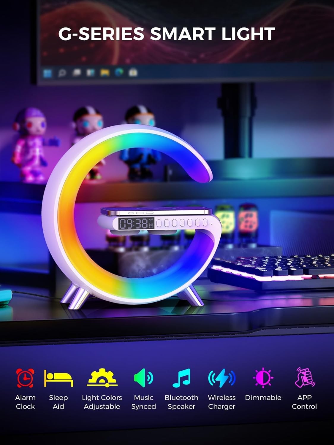 White RGB G-Shape Sunrise Wake Up Light Alarm Bluetooth Speaker Wireless Charger