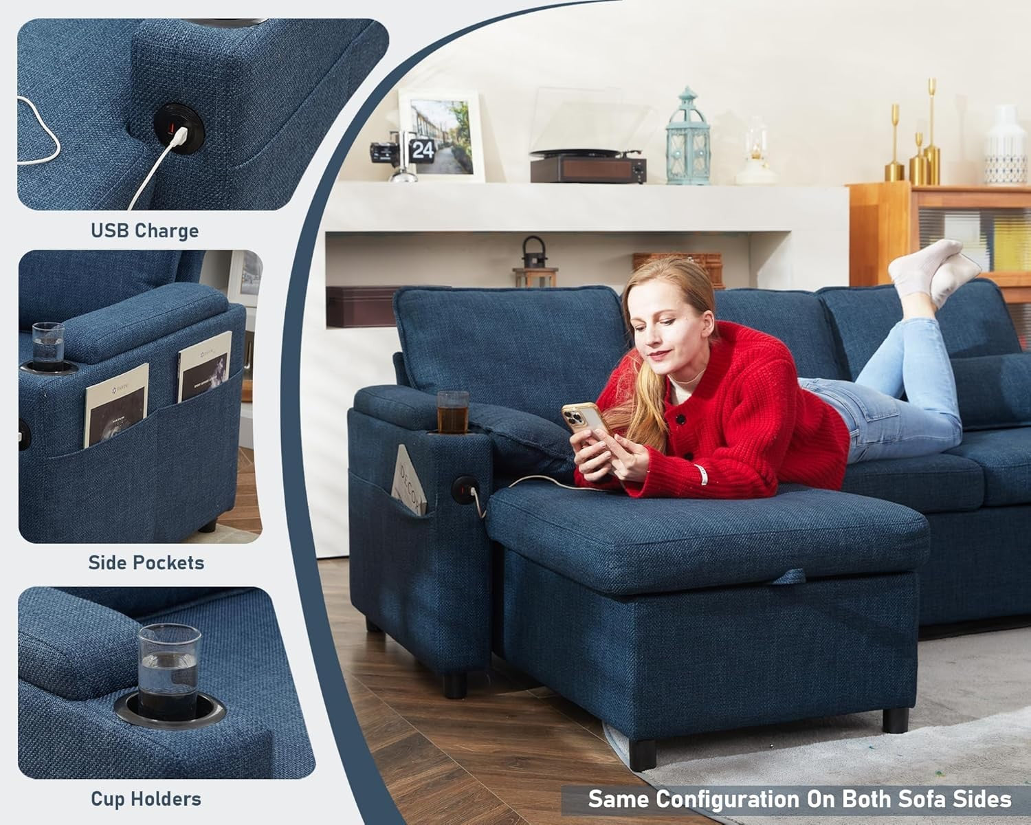Pull Out Blue L Shape Sectional Sofa Bed with USB -  Cup Holder & Storage