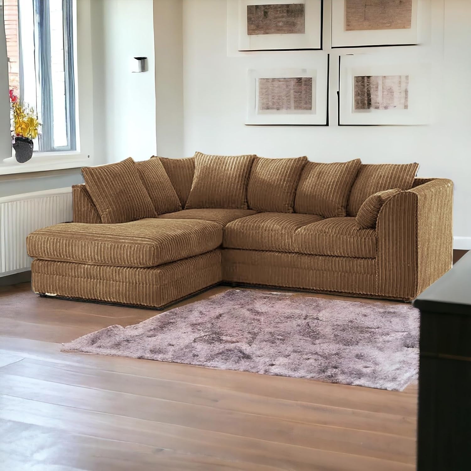 4 Seater Beige Jumbo Cord Scatter Back Left Hand Corner Sofa with Deep Seats