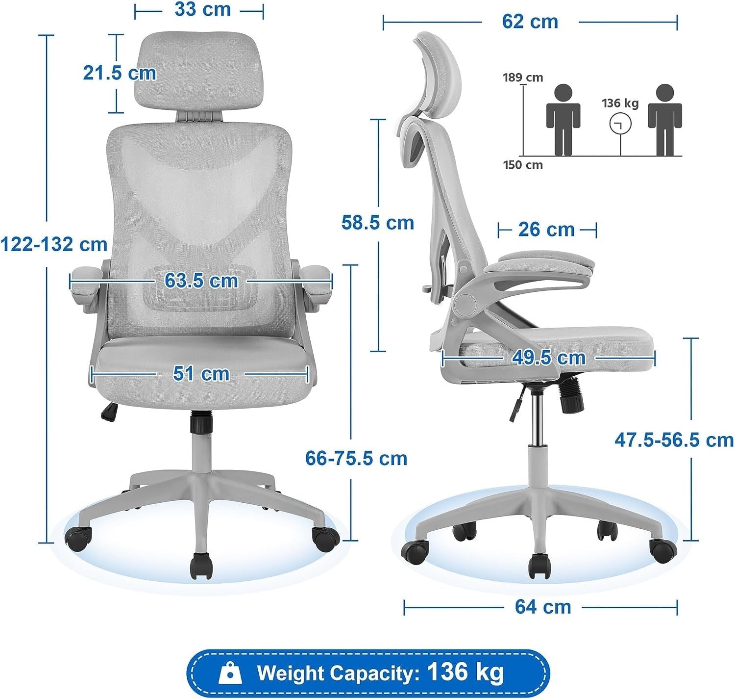 Ergonomic Mesh Office Chair Cushion Seat Headrest Adjustable Lumbar Support Grey
