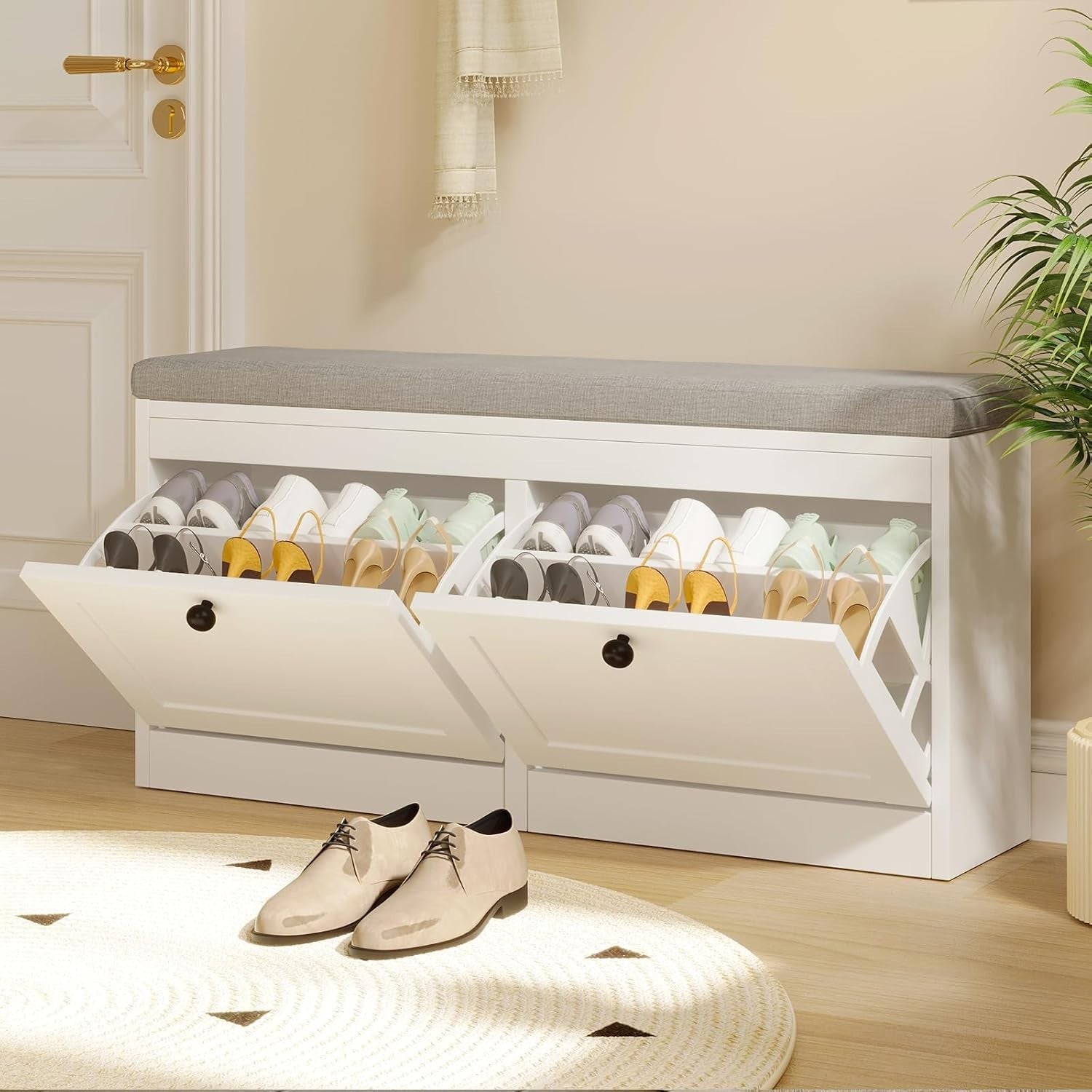White Flip Drawer Shoe Storage Bench with Padded Seat & Adjustable Shelves