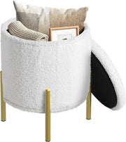 White Teddy Fleece Ottoman Stool with Storage Round Folding Seat 41cm