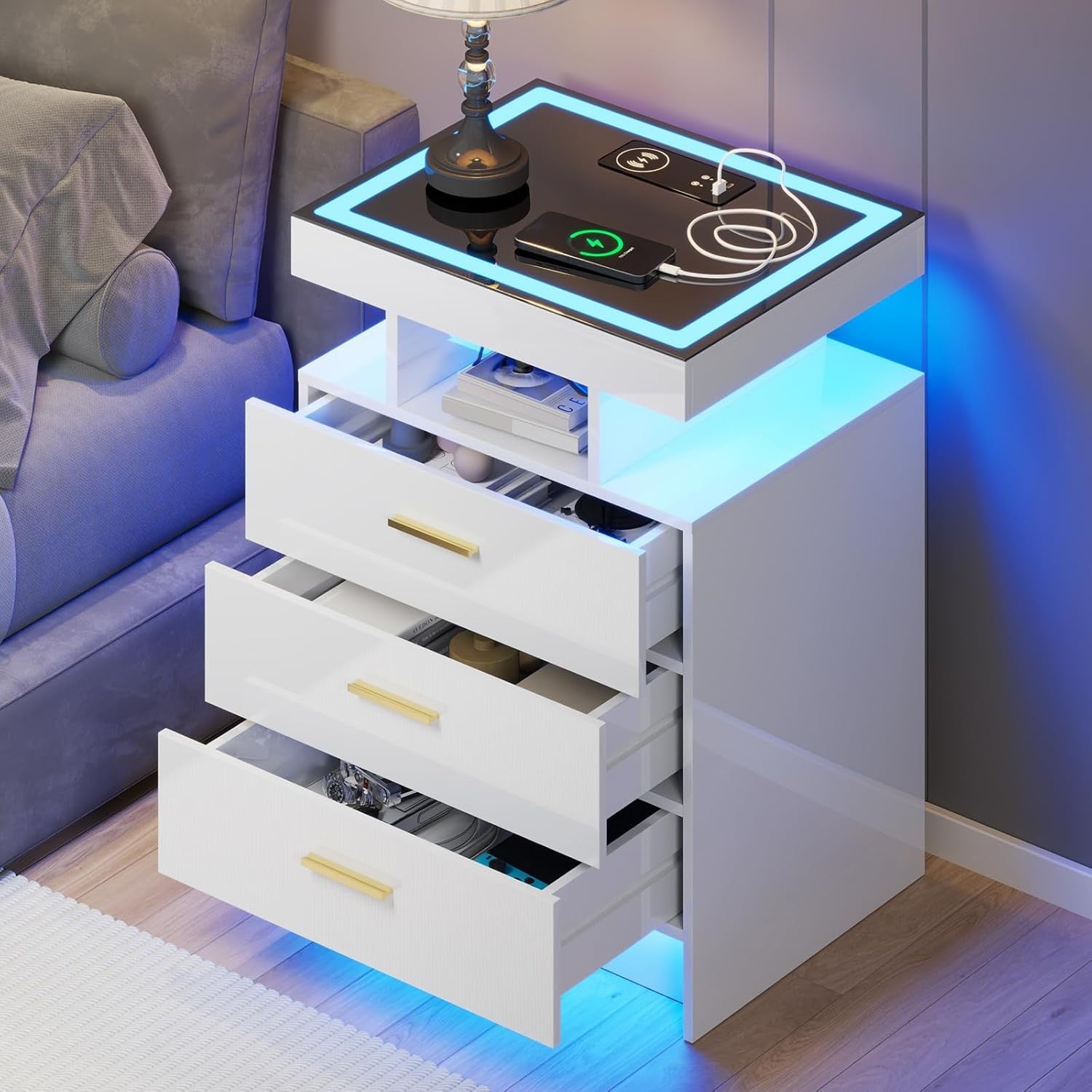 White LED Bedside Table with Wireless Charging, Glass Top & 3 Drawer Storage